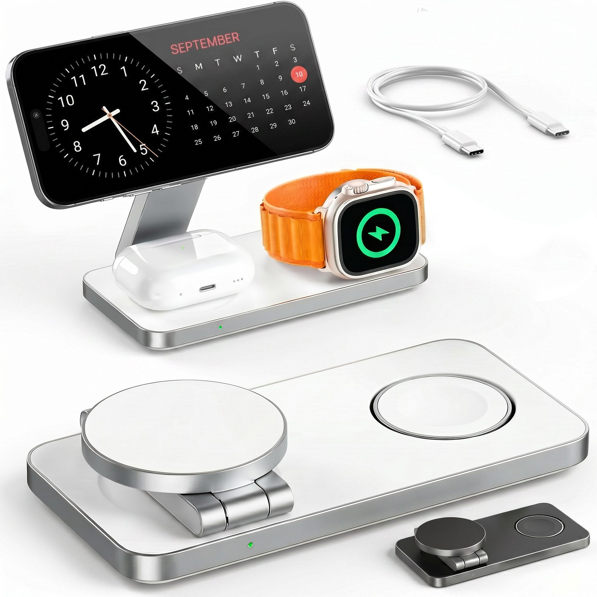 GreenHec Ladestation Apple Watch iPhone 3in1 MagSafe Ladegerät Wireless Charger Wireless Charger (3000 mA, Spar-Set, 3in1 PowerBase + USB-C Kabel + 20w Dual Charger, 18 17 16 15 14 13 Pro Max Air Charging Station Induktionsladegerät)