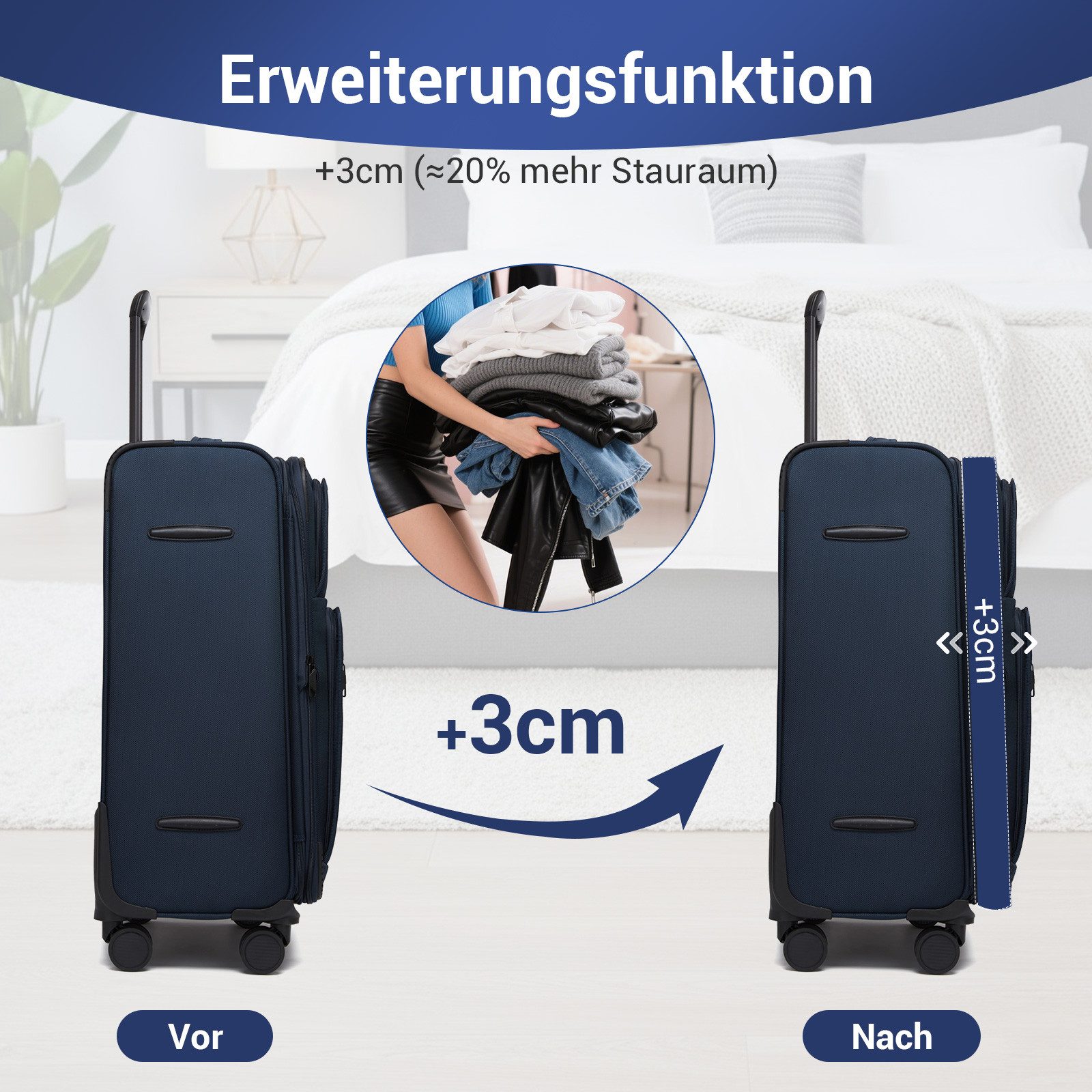 British Traveller Handgepäck-Trolley Stoffkoffer erweiterbar mit Frontfächern, 20% Extra-Volumen – Bild 3 von 5
