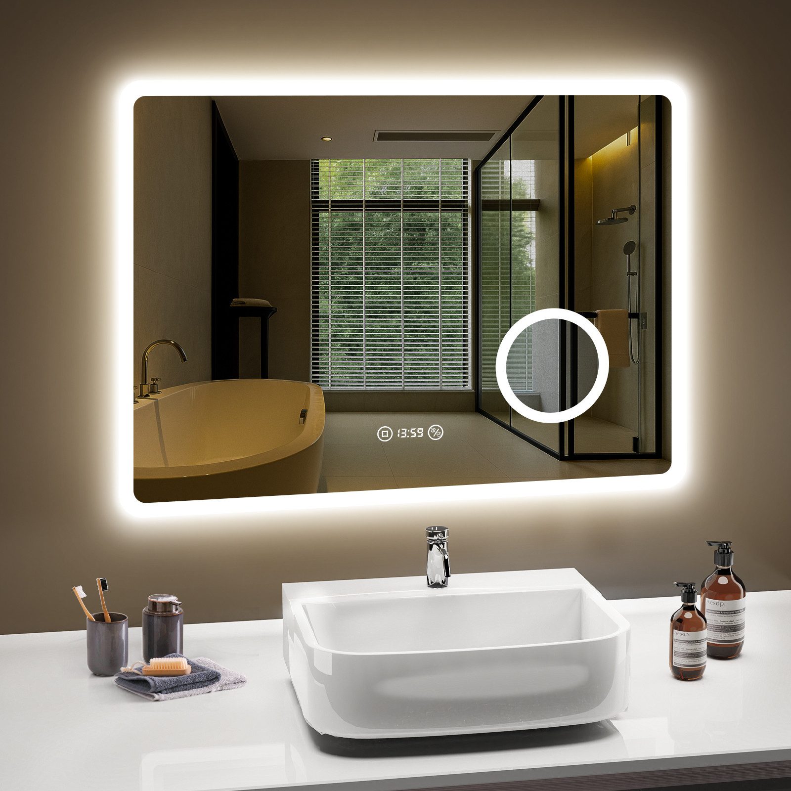 PESENXAN Badspiegel mit Beleuchtung 80 x 60 cm, LED Badezimmerspiegel, Dimmbar (1-St)