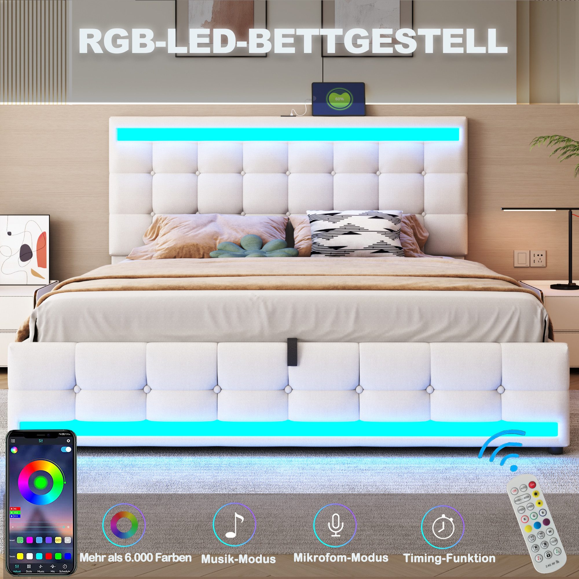 REDOM Polsterbett mit USB-Anschlüssen, RGB-LED-Licht und günstig online kaufen
