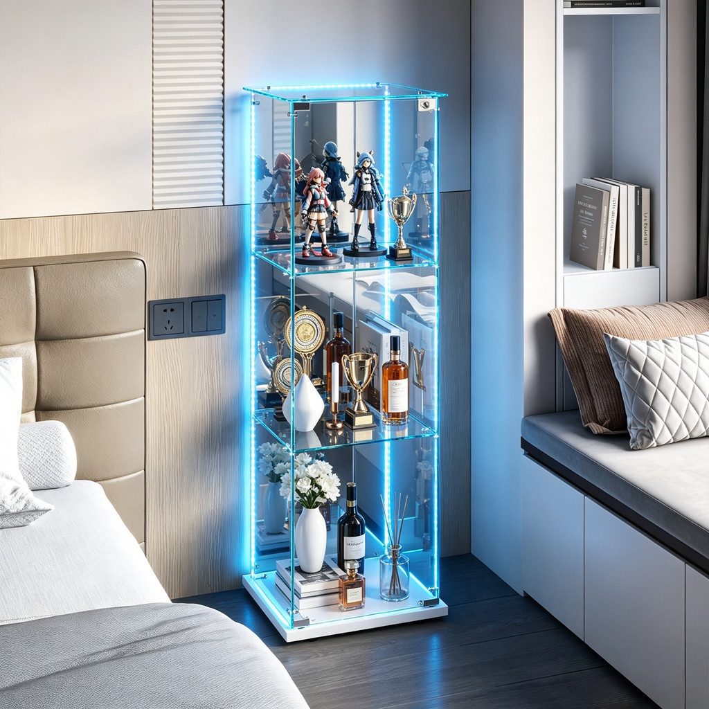 Simurq Glasvitrine Standvitrinen mit LED Beleuchtung, 3 Lagen Vitrinenschrank mit Glastür (1-St, Glas Vitrine mit 1 Glastür und 3 Lagen, …