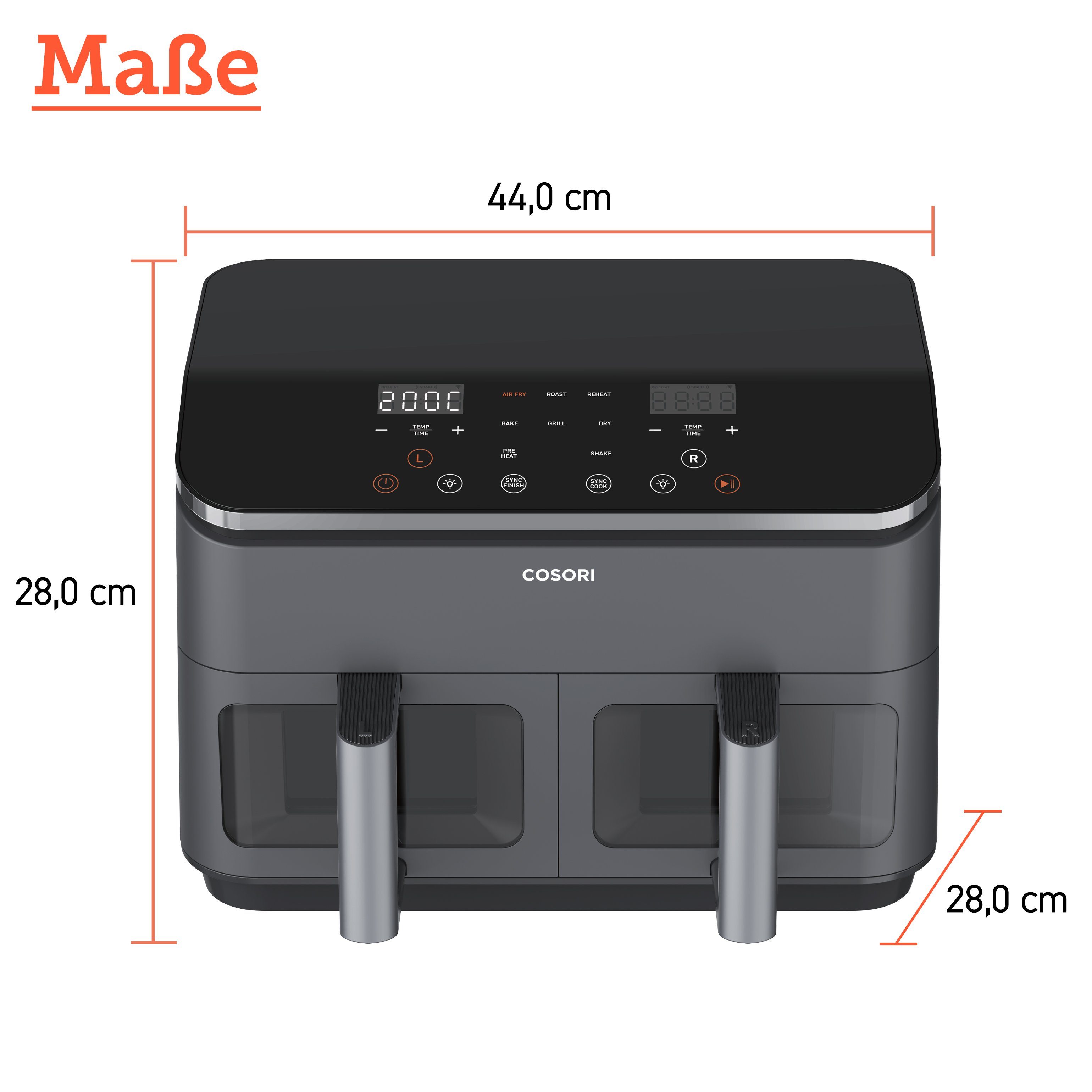 Cosori Heißluftfritteuse DualBasket, Doppelkammer, 8.5L Max Airfryer+Zubehör, 50+Online Rezepte, 1750,00 W, 8 in 1 Funktionen, Sichtfenster, Energiesparend, Schwarz