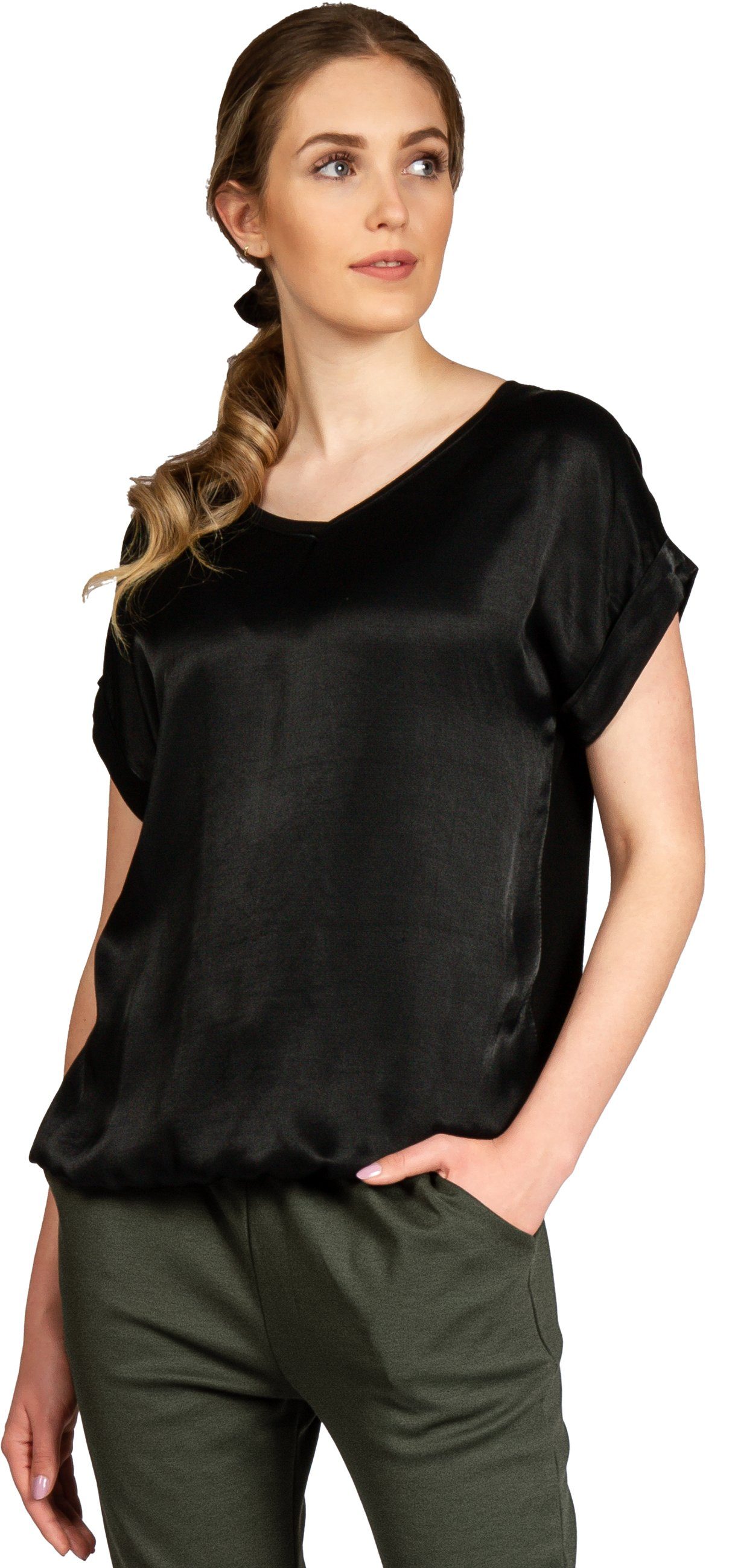 Shirtbluse BLU026 leichte elegante Damen Seidenglanz Kurzarm Sommer Bluse
