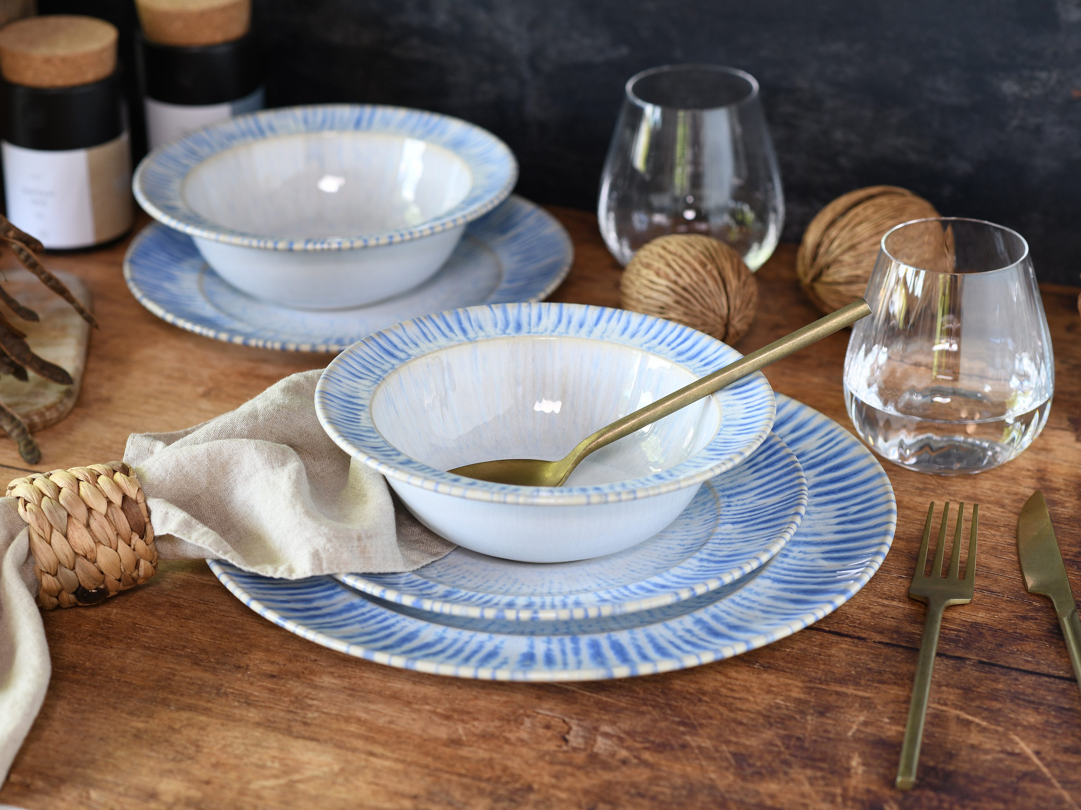 CreaTable Teller-Set Rondo Summertime Blau, Teller Set 12-tlg (12-tlg), 4 Personen, Steinzeug, Maritim, Reaktivglasur