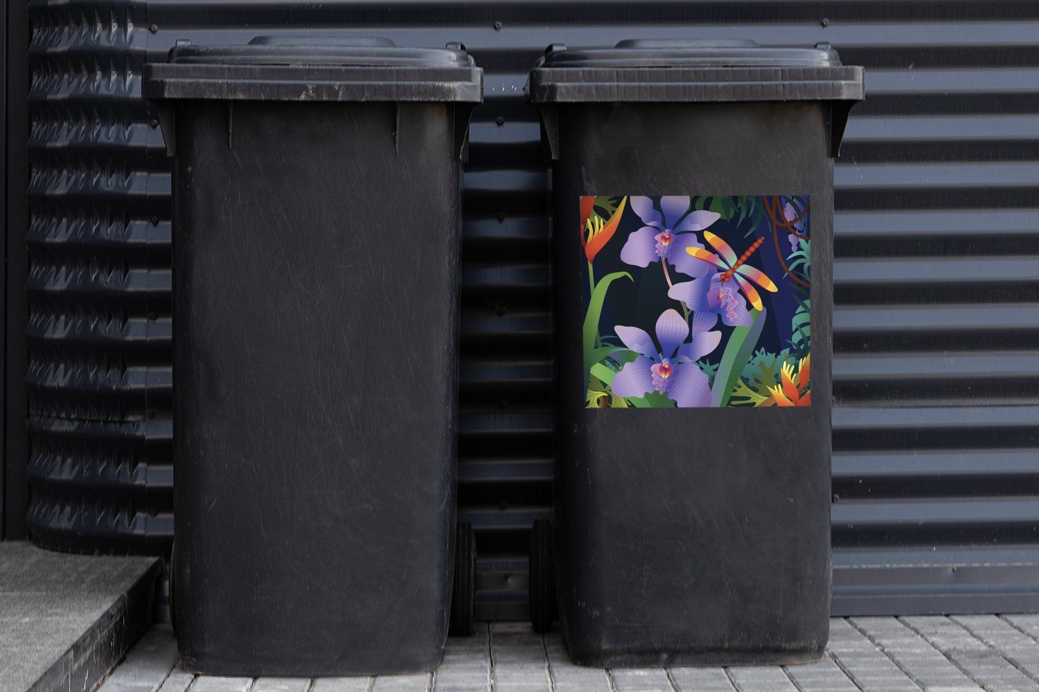 Sticker, einer lila MuchoWow Orchidee Mülleimer-aufkleber, Mülltonne, mit Eine Container, des (1 Regenwaldes Abfalbehälter St), Vektor-Illustration Wandsticker
