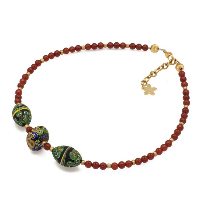 Bella Carina Perlenkette Kette mit Murano Mosaik Perlen bunt und Karneol mit echten Murano Mosaik Perlen