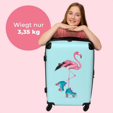 NoBoringSuitcases.com© Koffer Flamingo - Rollschuhe - Blau - Rosa 67x43x25cm, 4 Rollen, Mittelgroßer Koffer für Mädchen, Kinder Trolley