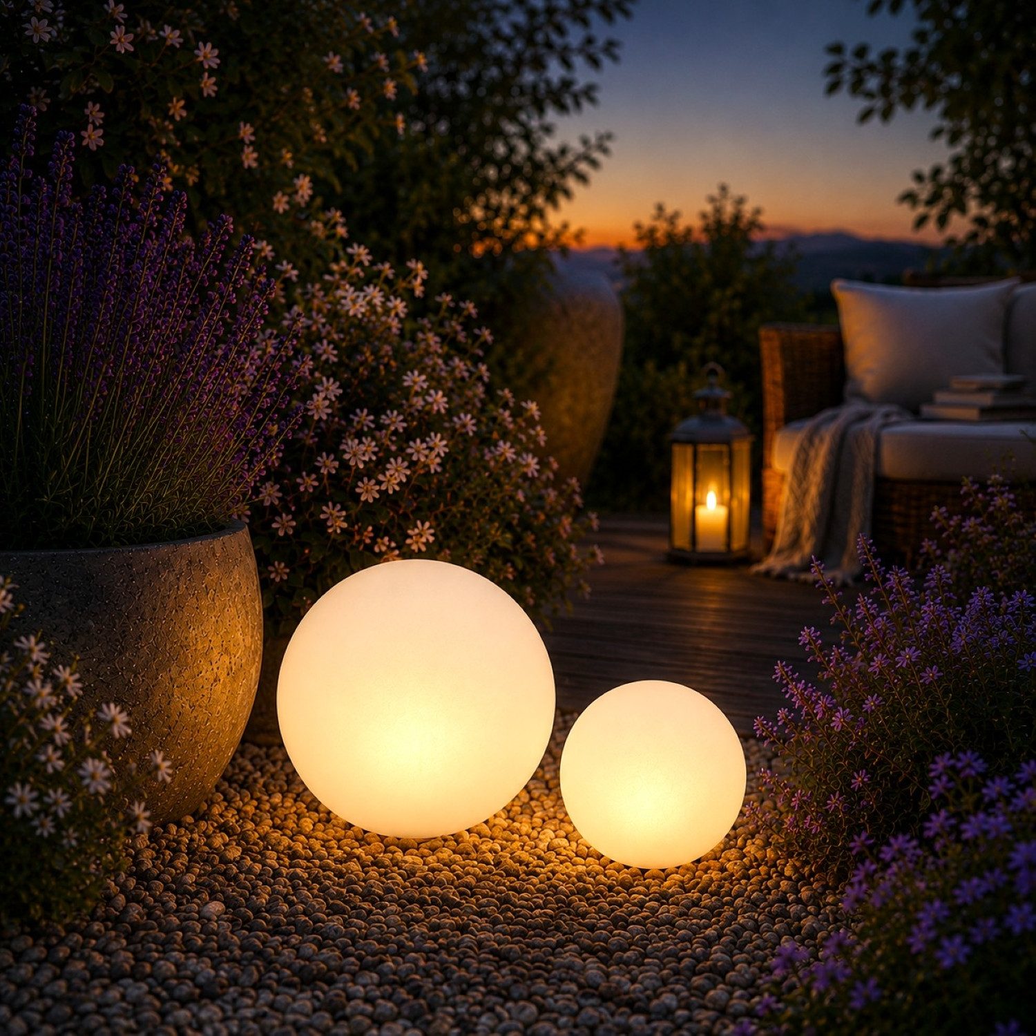 Online-Fuchs LED Solarleuchte für außen - 2 beleuchtete Kugeln als Deko für Garten, Figuren, 4 verschiedene Leuchtmodi wählbar, 16 Farben über die Fernbedienung verfügbar, wetterfeste Solarlampen zur Dekoration auf der Terrasse oder Balkon