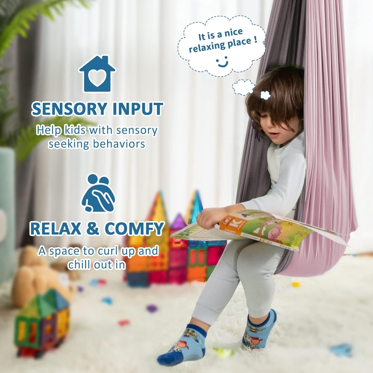 feinlux Hängematte Sensorische Schaukel für Kinder mit 360° drehbarem Aufhänger (Packung, Indoor-Therapieschaukel), für Autismus, ADHS und sensorische Verarbeitungsstörungen bei Kindern