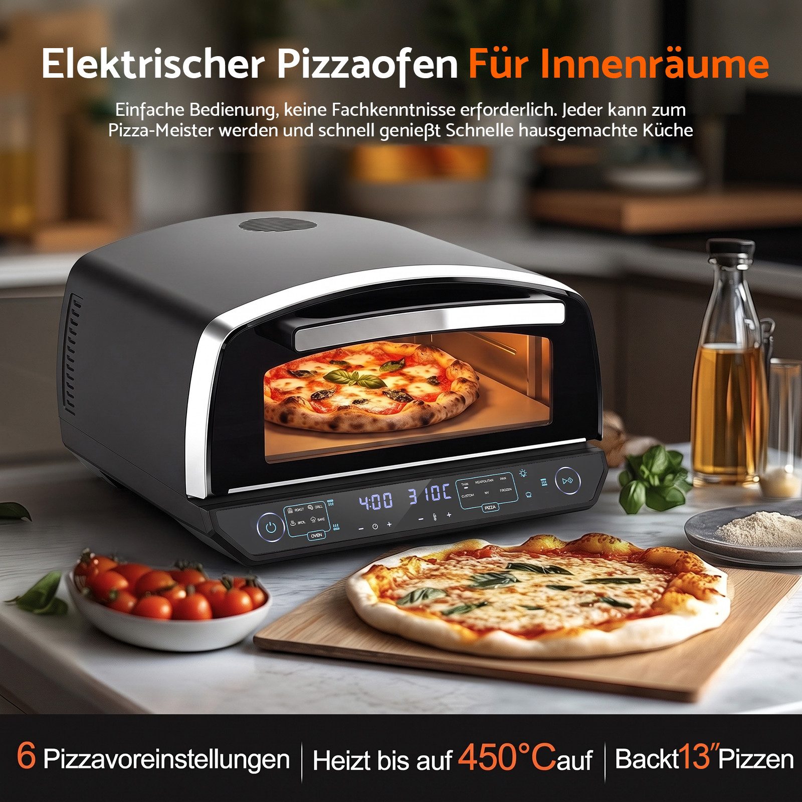 Rebonique Pizzaofen 13" bis 450°C, 2200W mit 6 Programmen, 4 Modi & Pizzastein, Separate Ober-/Unterhitze, Innenbeleuchtung, LED-Anzeige,Expertenmodus