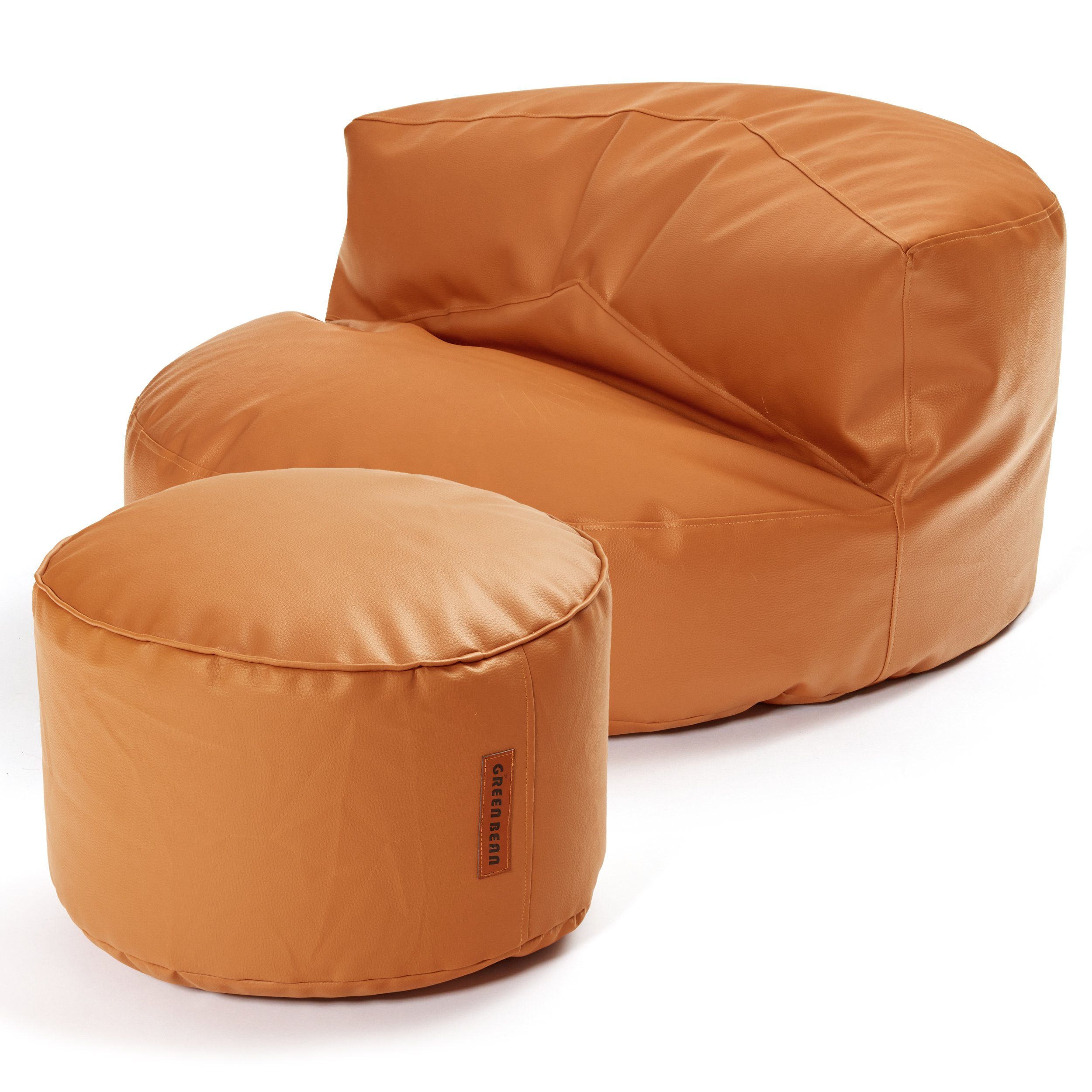 Green Bean Sitzsack Sofa + Pouf Sitzsack als Set aus Kunstleder, EPS Perlen Füllung ca. 90x45cm - Couch XXL Riesensitzsack Lounge Stay Cognac