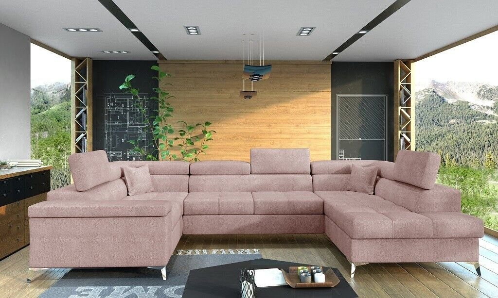 Bettfunktion JVmoebel U-Form Sofa Couch Ecksofa, Rosa Polster Schlafsofa Design Ecksofa