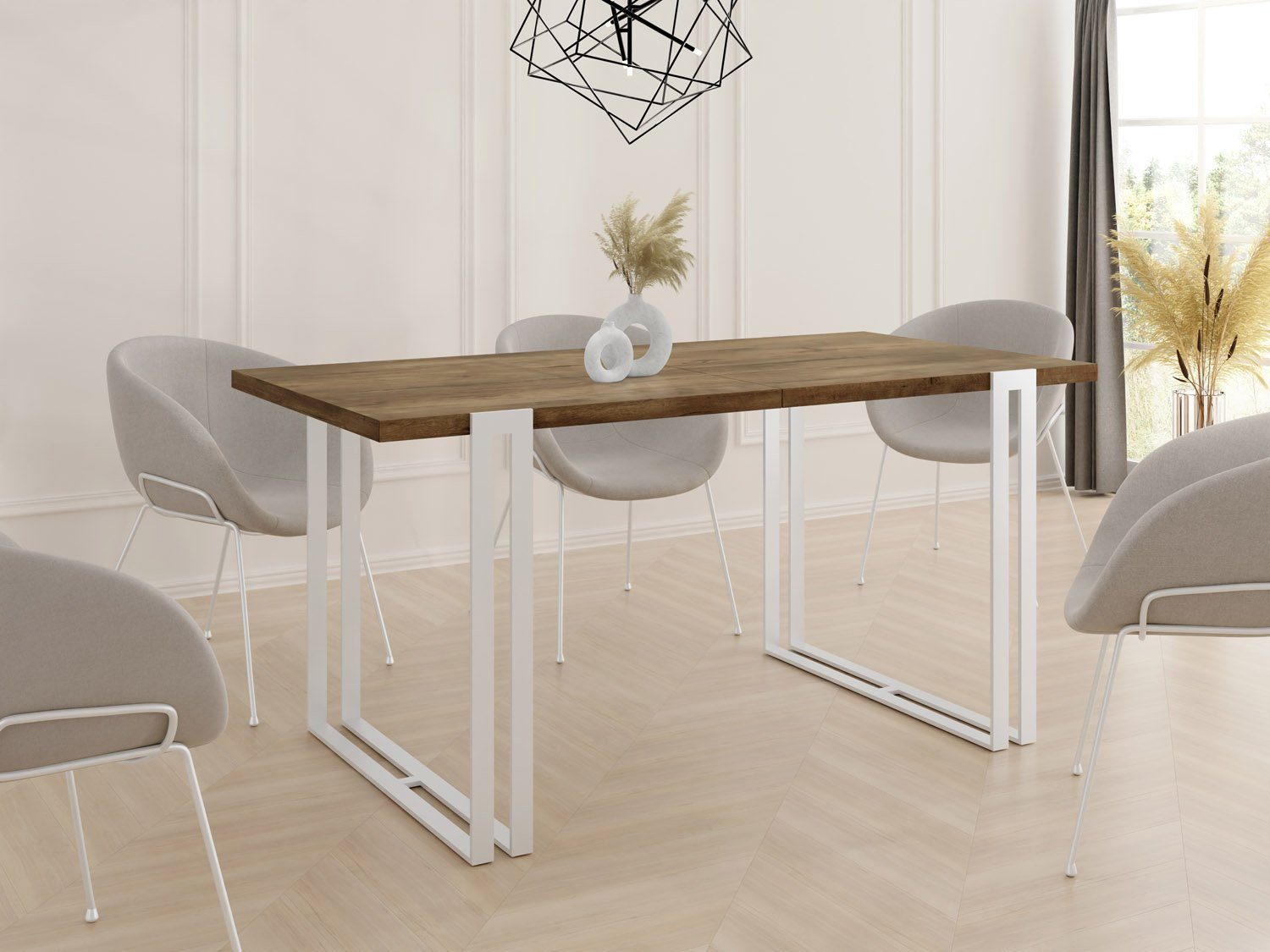 Esstisch Metallbeinen Tisch Eiche Lefkas mit Lilo, Ausziehbar im Loft-Stil WFL GROUP Glamour