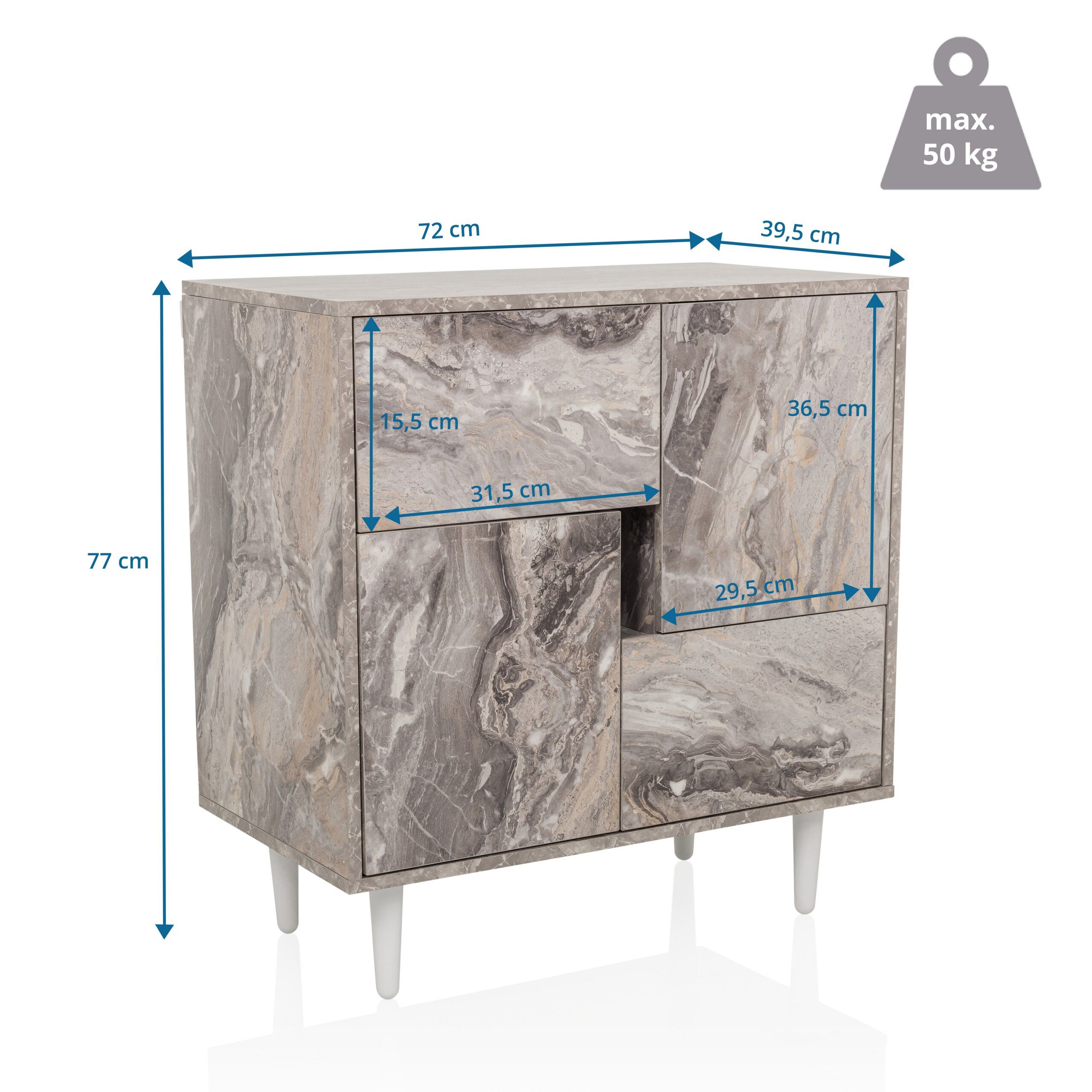 hjh LIVING Kommode LYKKJA Sideboard H/B/T: 77.0 x 72.0 x 39.5 cm, Sideboard mit 2 Schubladen und 2 Türen, Modernes Design, Grifflos