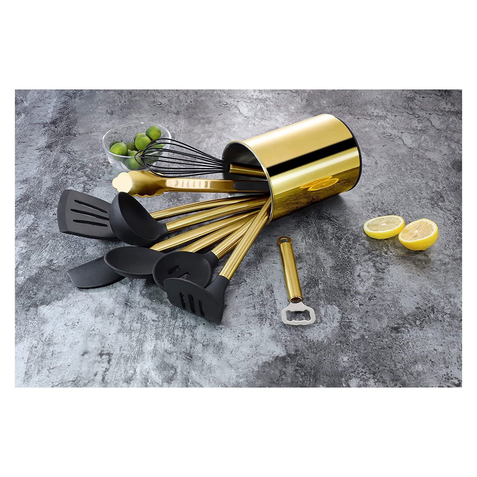 Gold Küchenorganizer-Set, Kochbesteck mit Edelstahlgriff, mit Kochset Utensilienhalter, ECHTWERK