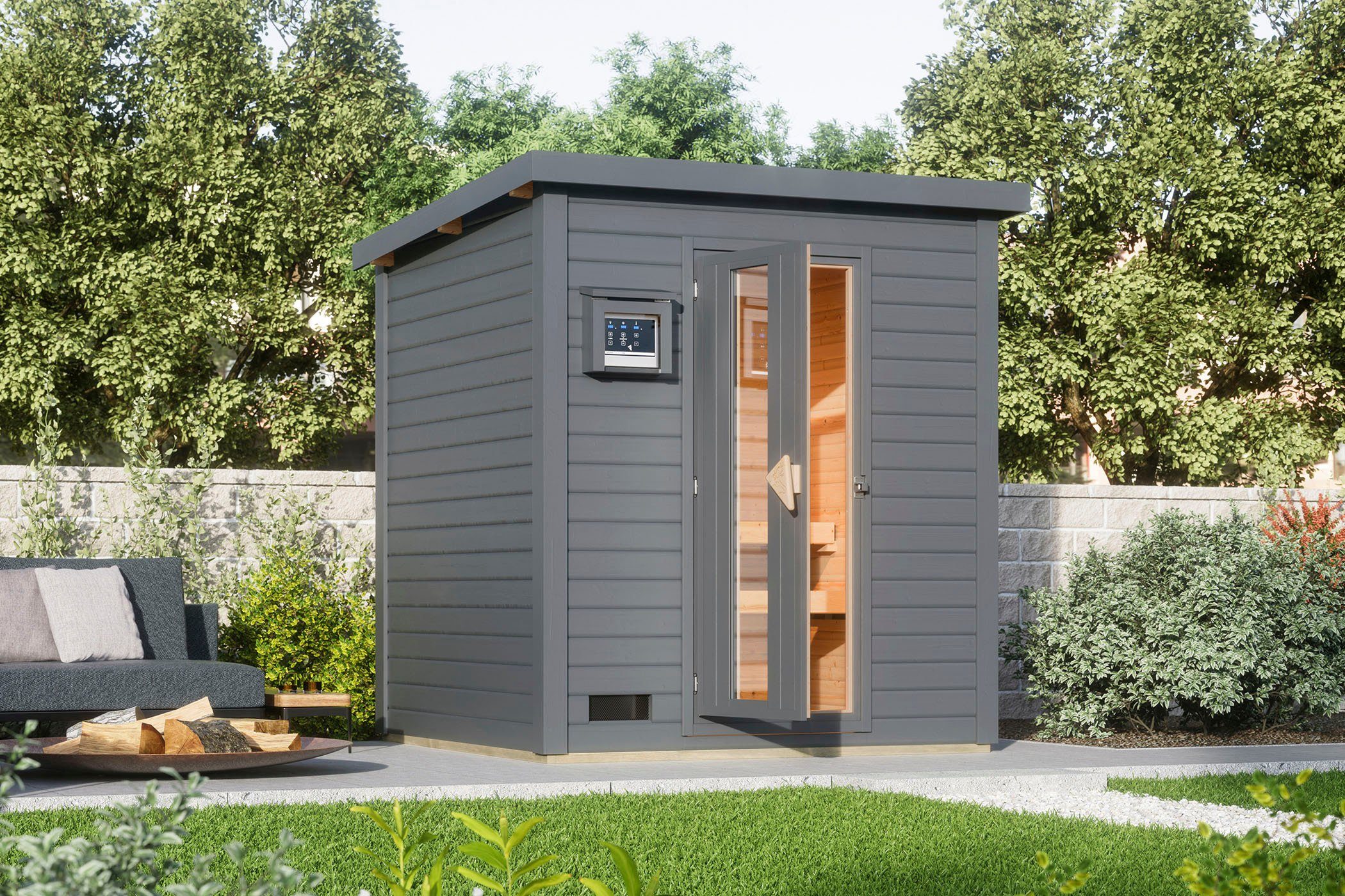 Karibu Saunahaus Talo 2, BxTxH: 1960 x 1960 x 2280 cm, 38 mm, (Set) Ofen 9 KW externe Strg easy