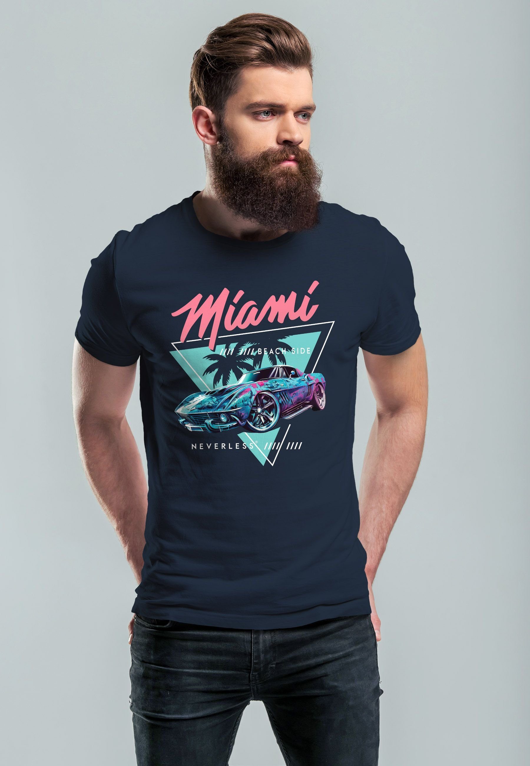 Print-Shirt Motiv Surfing Retro Beach Automobil Miami USA Bedruckt Herren mit Print navy Neverless T-Shirt