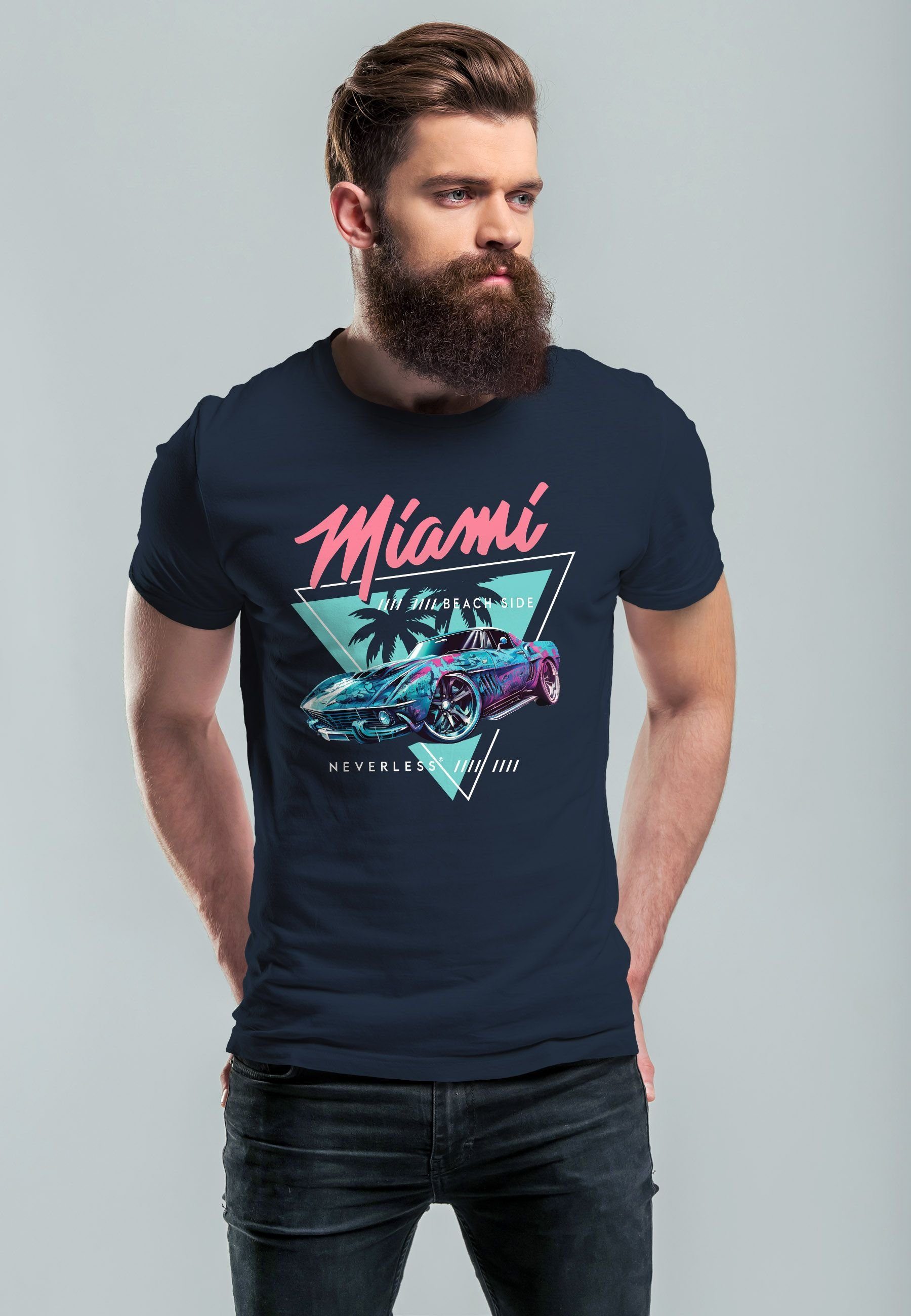 Neverless Print-Shirt Herren T-Shirt Bedruckt Miami USA Retro Beach Motiv Surfing Print Automobil navy mit