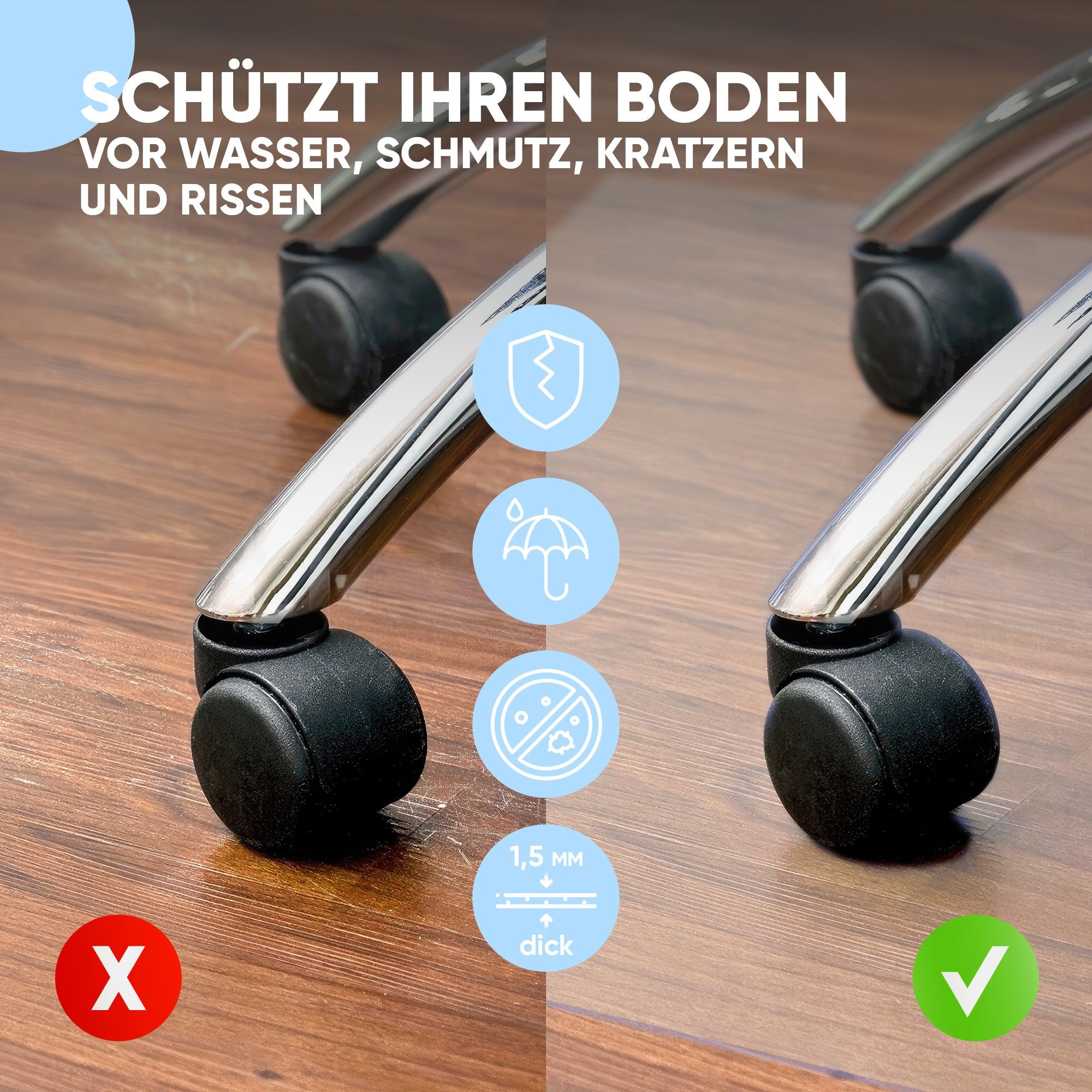 Björn&Schiller Bodenschutzmatte Bodenmatte Kratzschutz, Bürostuhlunterlage, 50x70 cm, Transparent, Schreibtischunterlage Stuhlunterlage Stärke: 1,5 mm