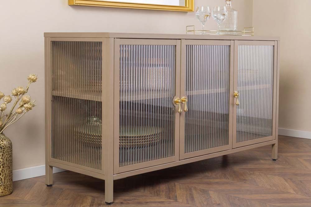 riess-ambiente Sideboard AMSTERDAM 105cm beige/gold - Metall, Riffelglas, 3 Türen, Vitrine (Einzelartikel, 1 St), mit verstellbaren Böden & Stauraum – ideal für Wohnzimmer & Esszimmer