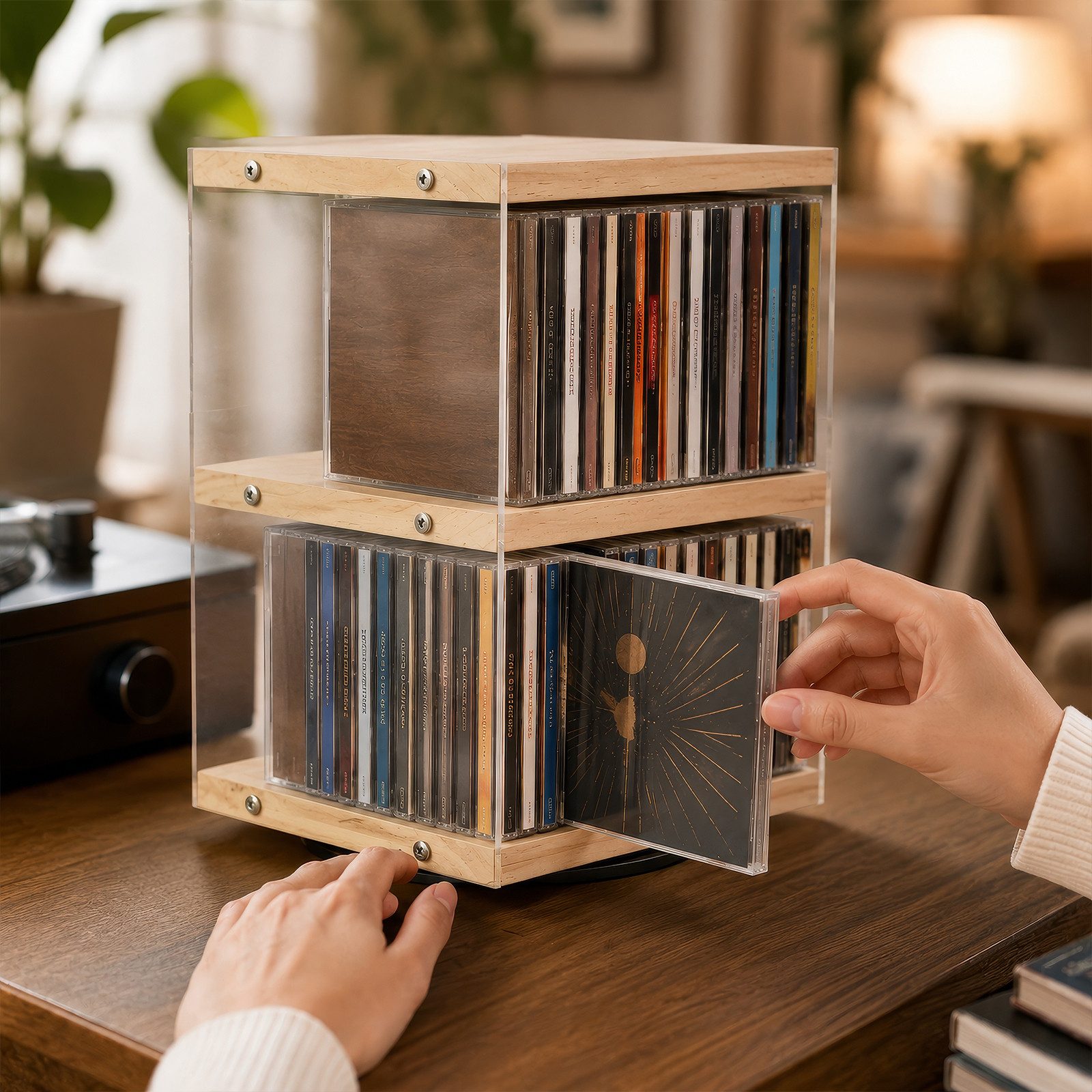 BlingBin CD-Regal Drehbarer 2 Ebenen CD-Halter aus Holz und Acryl für 36 CDs, 1er Set 1-tlg., CD-Ständer mit offener Seite und Absturzsicherung für Wohnzimmer, Büro