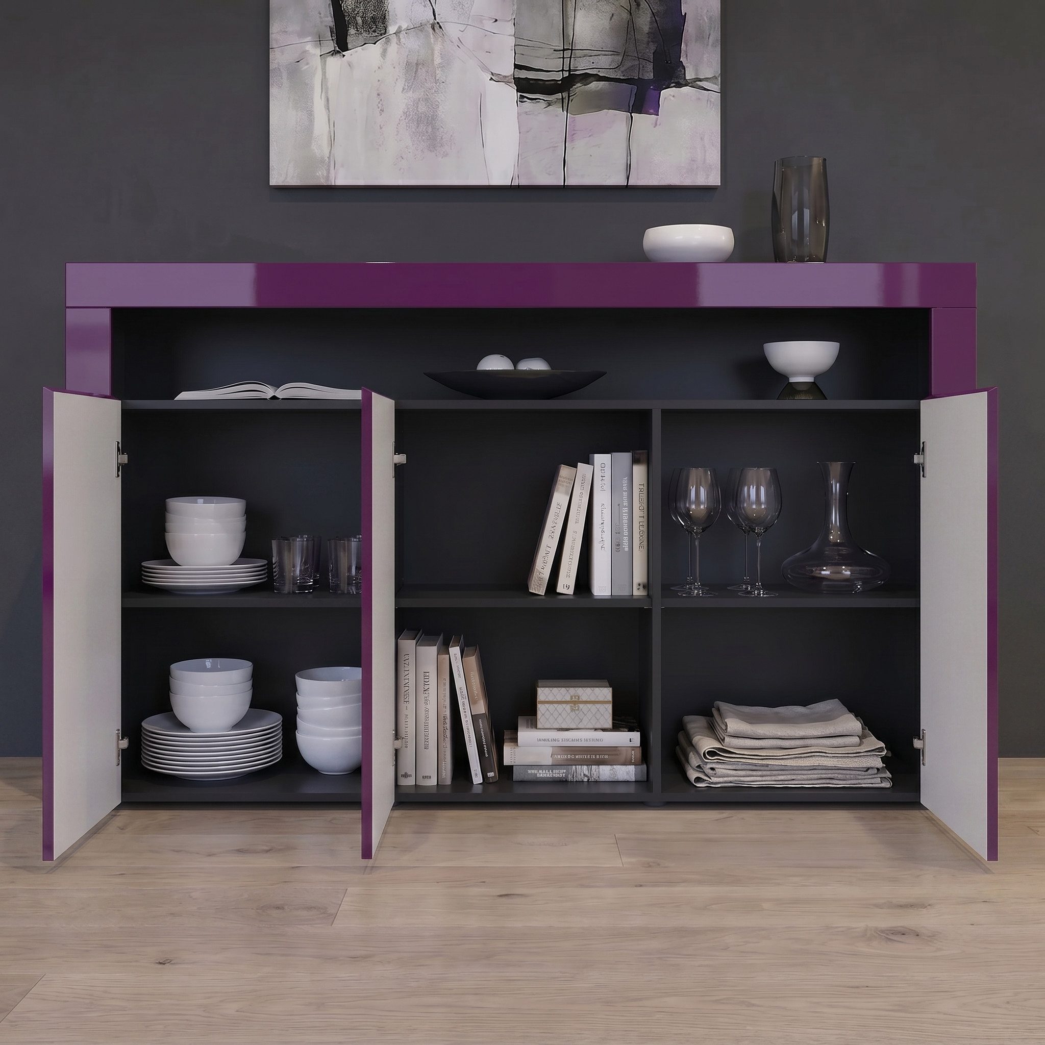 Vladon Sideboard Valencia (Sideboard, mit 3 Türen und 1 offenem Fach), Schwarz matt/Brombeer Hochglanz/Brombeer Hochglanz (155 x 92 x 40 cm)