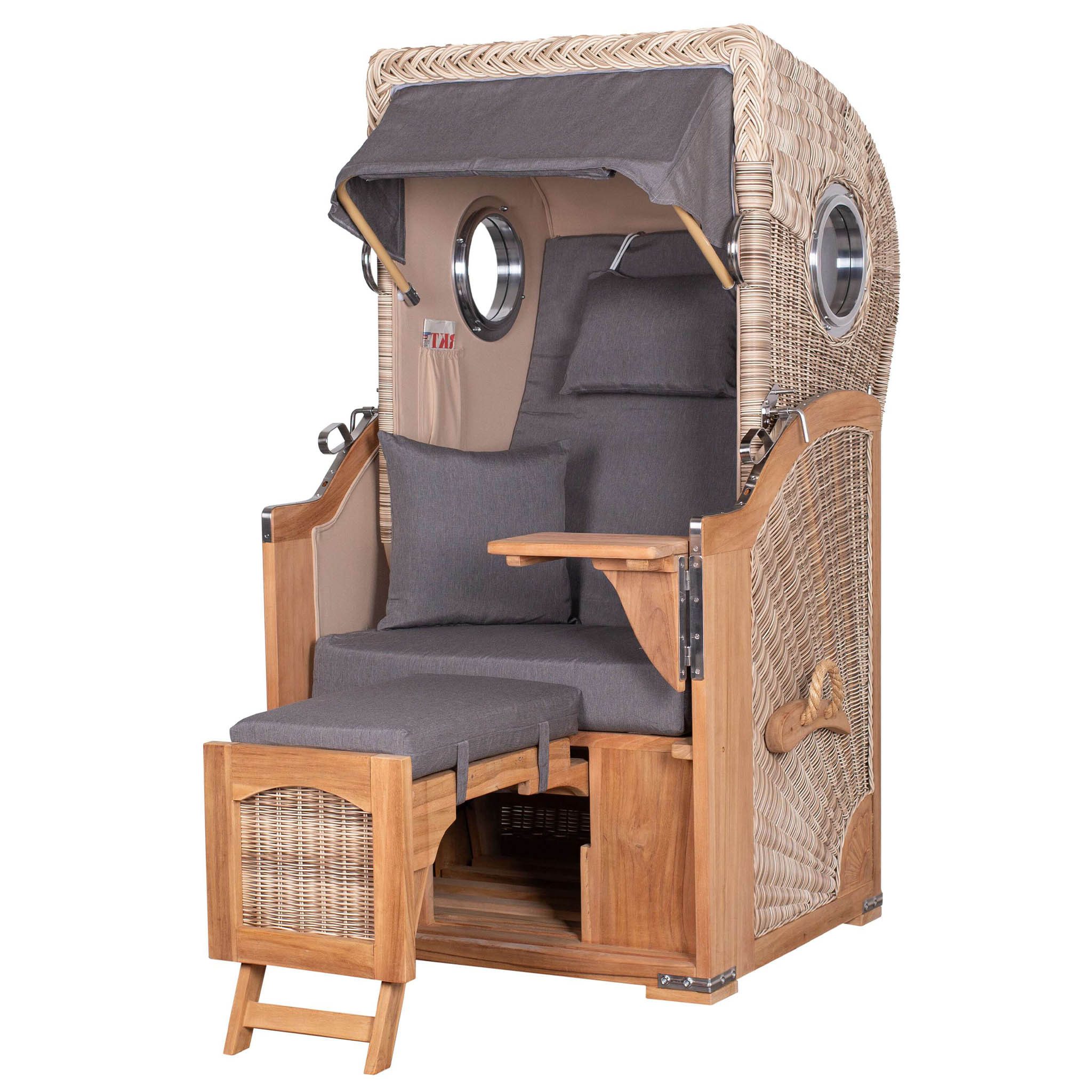 bene living Strandkorb Ammersee 1-Sitzer Teak - PE shell - Modell 551, BxTxH: 96x80x165 cm, Volllieger, Ostsee-Strandkorb, (Strandkorb-Komplettset, 5-tlg., Strandkorb inkl. Liftersystem und umfangreichem Zubehör), mit Windschutzfolie, Bistrotisch und bequemer Polsterung