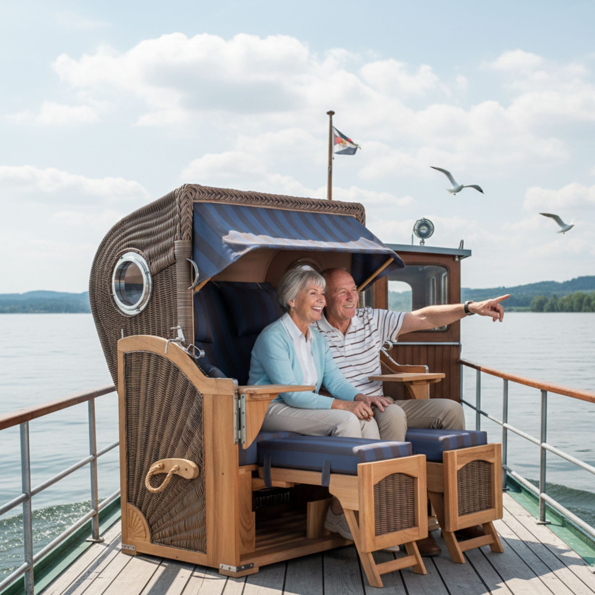 MR.DEKO Strandkorb Düne 2-Sitzer Teak Bullauge wetterfest PE-Geflecht grey, BxTxH: 125x80x170 cm, Düne, Düne, (Fertig montierter Strandkorb für Garten, Terrasse & Balkon), Wetterfester Volllieger mit Edelstahlbeschlägen & waschbaren Polstern