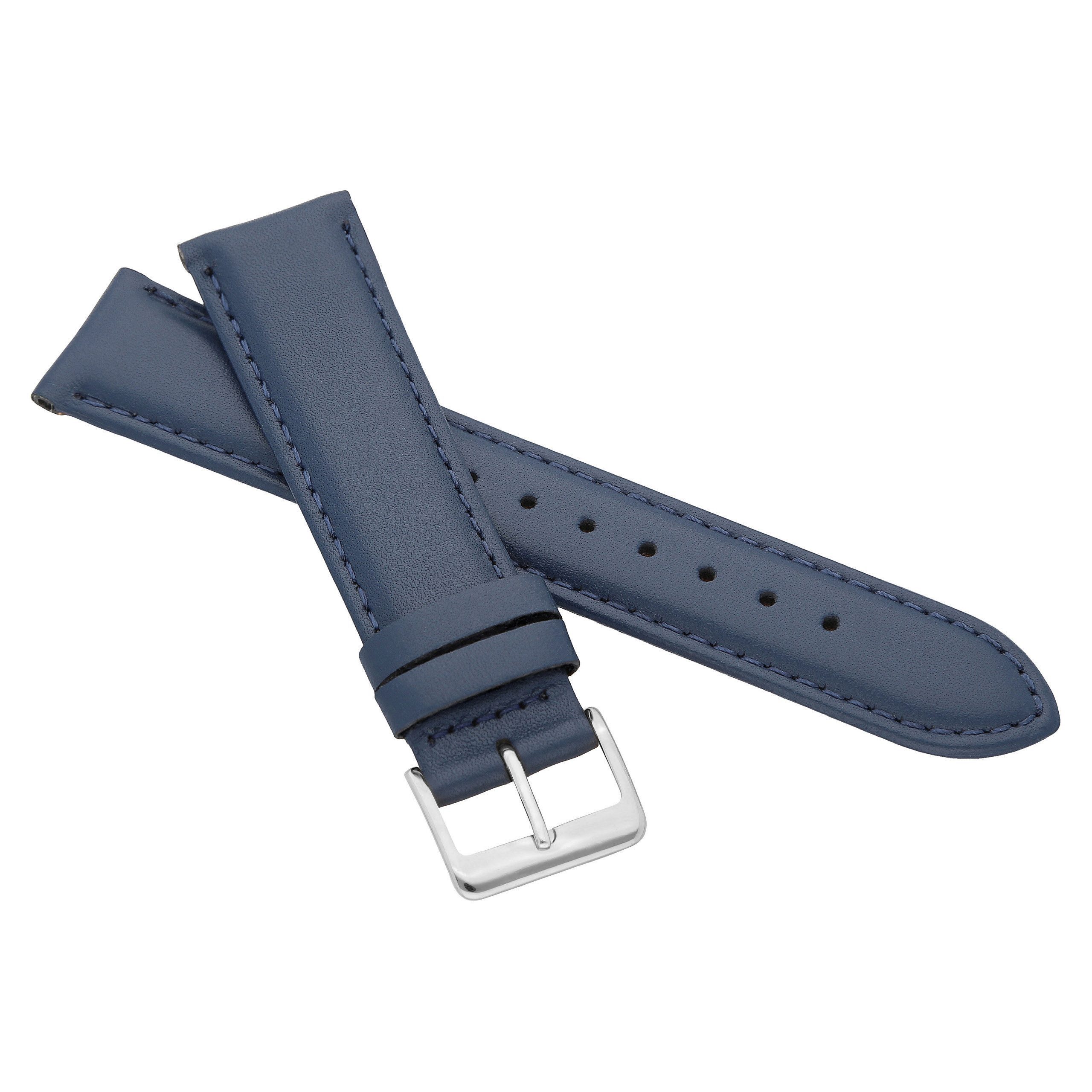 MARCHEL Uhrenarmband LLB-30 Dunkelblau, Echtes Kalbsleder, glatt, gepolstert, silberfarbene Dornschließe