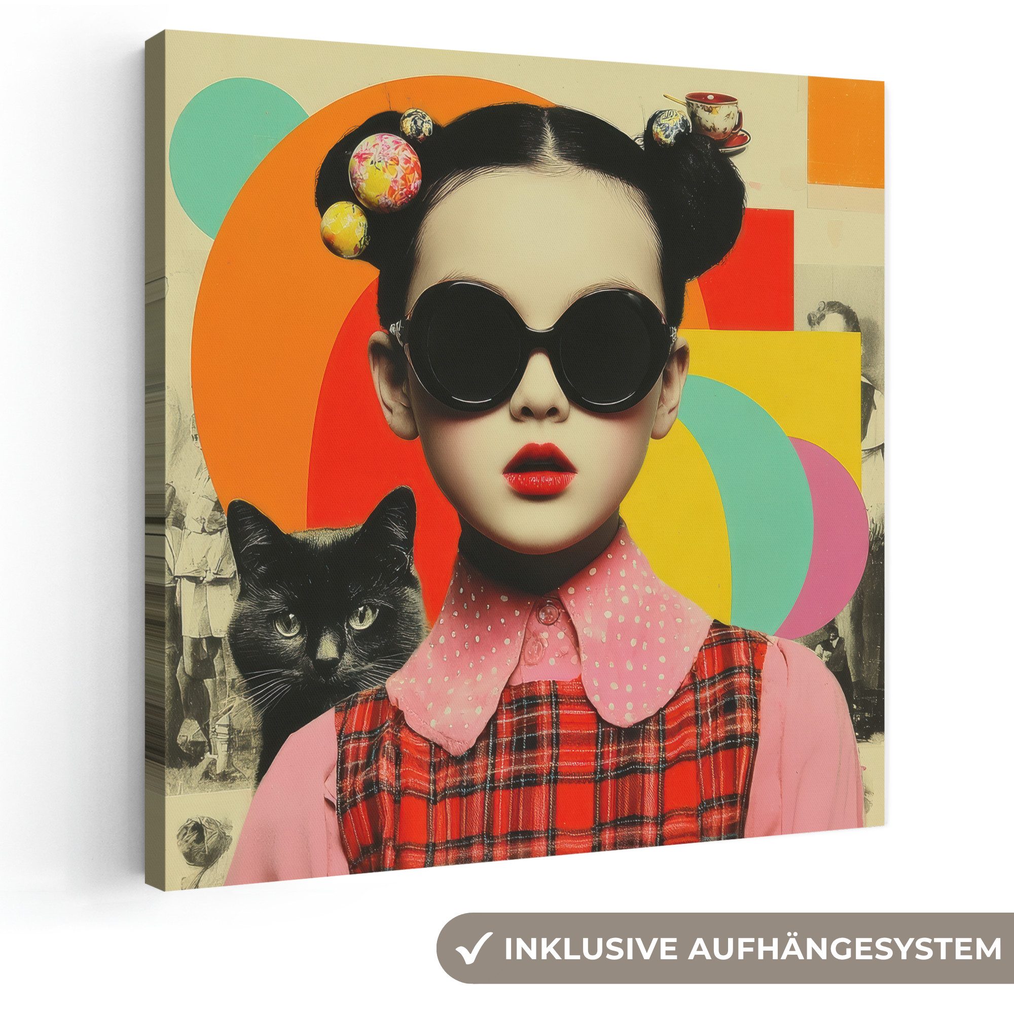 OneMillionCanvasses® Leinwandbild Mädchen - Sonnenbrille - Katze - Retro, Fotodruck (1 St), Wandbild, Deko Schlafzimmer Wohnzimmer Flur 20x20 cm