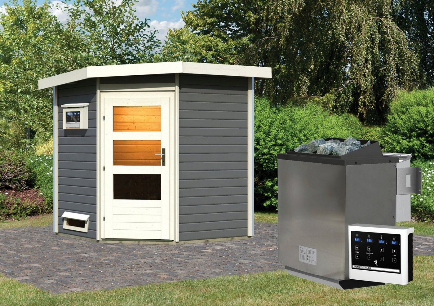 Thumbnail - Karibu Saunahaus Fiete, BxTxH: 196 x 196 x 226 cm, 38 mm, (Set) moderne Tür, Ofen 9 kW Bio ext. Strg.