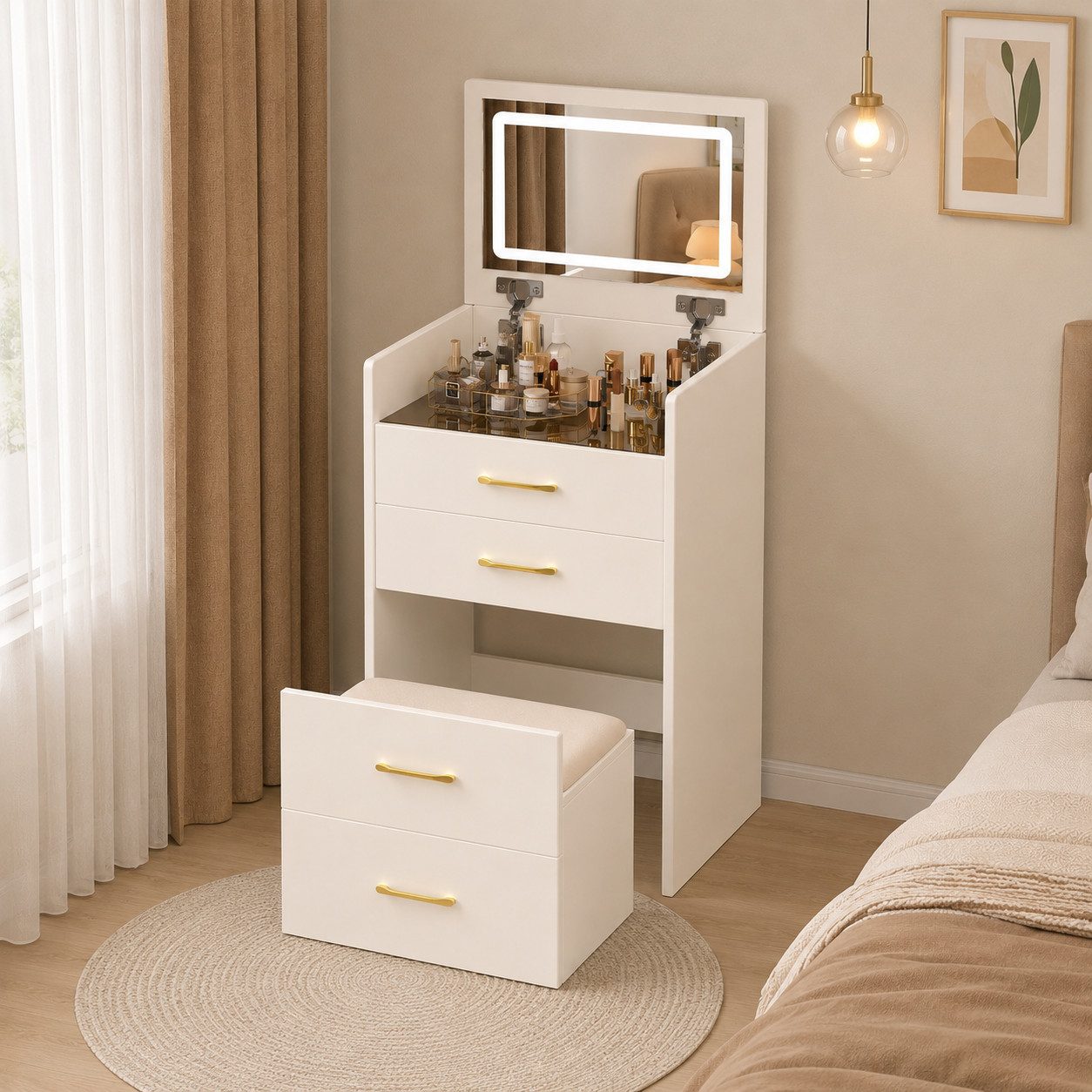 KLAM HOME Schminktisch 3-in-1 Schminktisch Weiß/Walnuss mit Glasplatte, nutzbar als Sideboard (Kompakter Kosmetiktisch mit 3 Schubladen & platzsparendem Hocker), Multifunktionaler Frisiertisch aus MDF für Schlafzimmer und Wohnraum