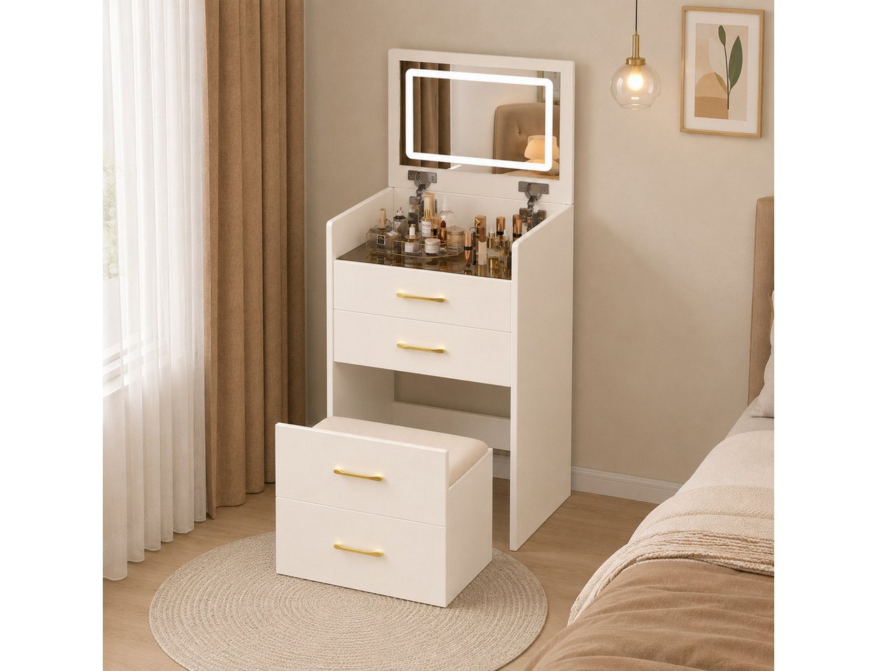 KLAM HOME Schminktisch 3-in-1 Schminktisch Weiß/Walnuss mit Glasplatte, nutzbar als Sideboard (Kompakter Kosmetiktisch mit 3 Schubladen & platzsparendem Hocker), Multifunktionaler Frisiertisch aus MDF für Schlafzimmer und Wohnraum