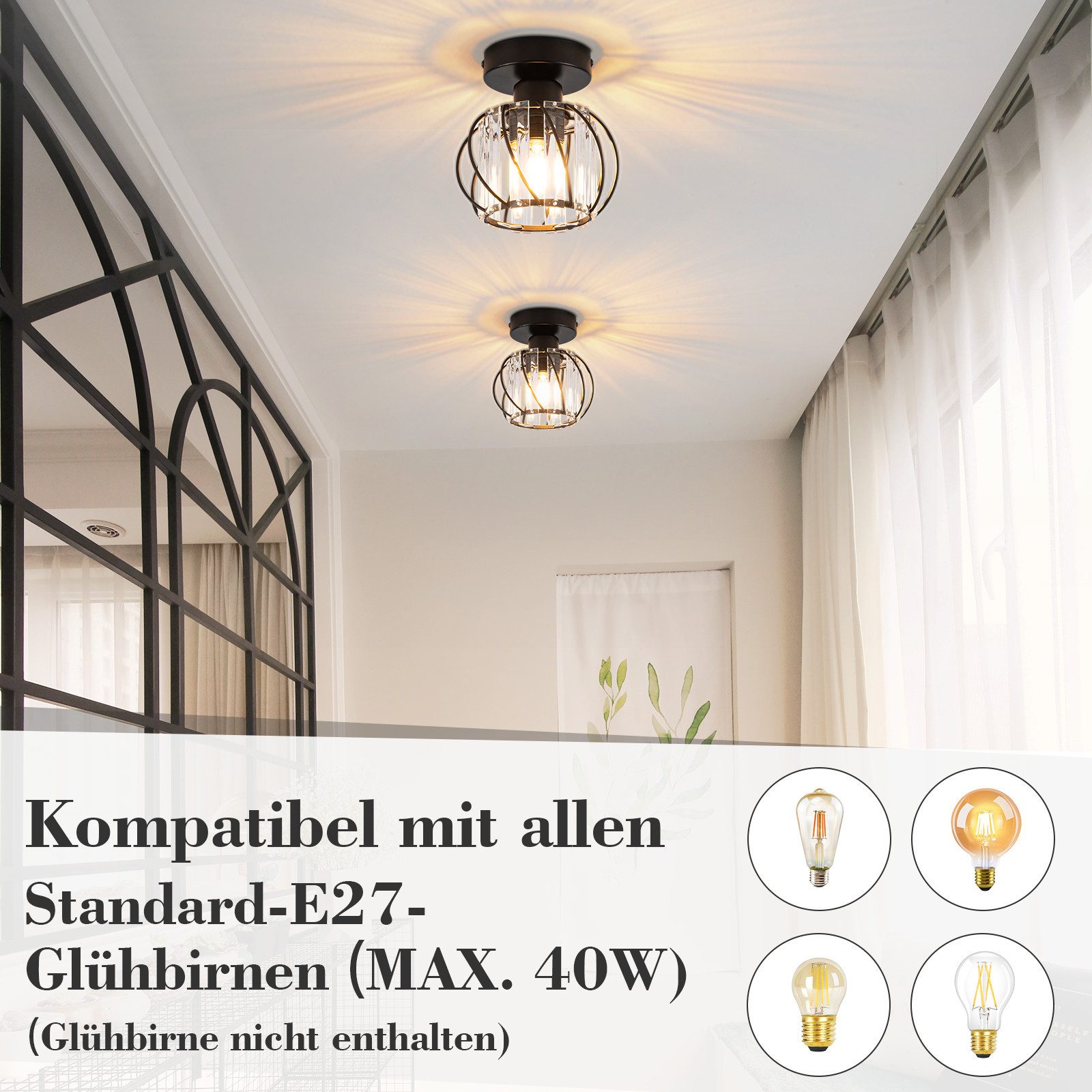Nettlife Deckenleuchte Vintage Schwarz Kristall Modern E27 Küchenlampe Metall Rahmen, LED wechselbar, Innen Deckenbeleuchtung für Korridor Balkon Wohnzimmer Hotel