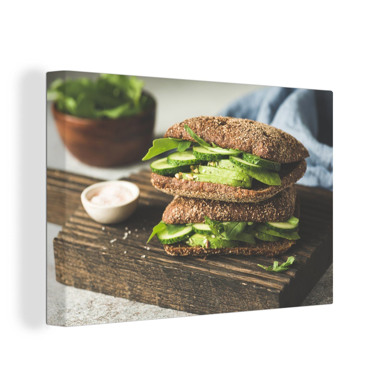 OneMillionCanvasses® Leinwandbild Veganes Mittagessen auf Roggenbrot, (1 St), Wandbild Leinwandbilder, Aufhängefertig, Wanddeko, 30x20 cm