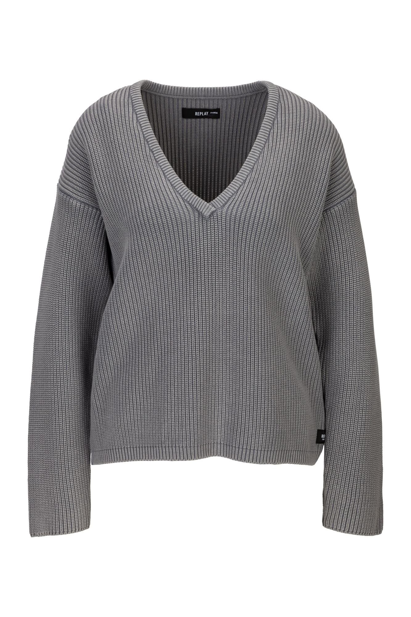 Replay V-Ausschnitt-Pullover GRMT DYED+ENZYME WASH COT -6 gg, Originale  Farbbezeichnung: Steel Grey