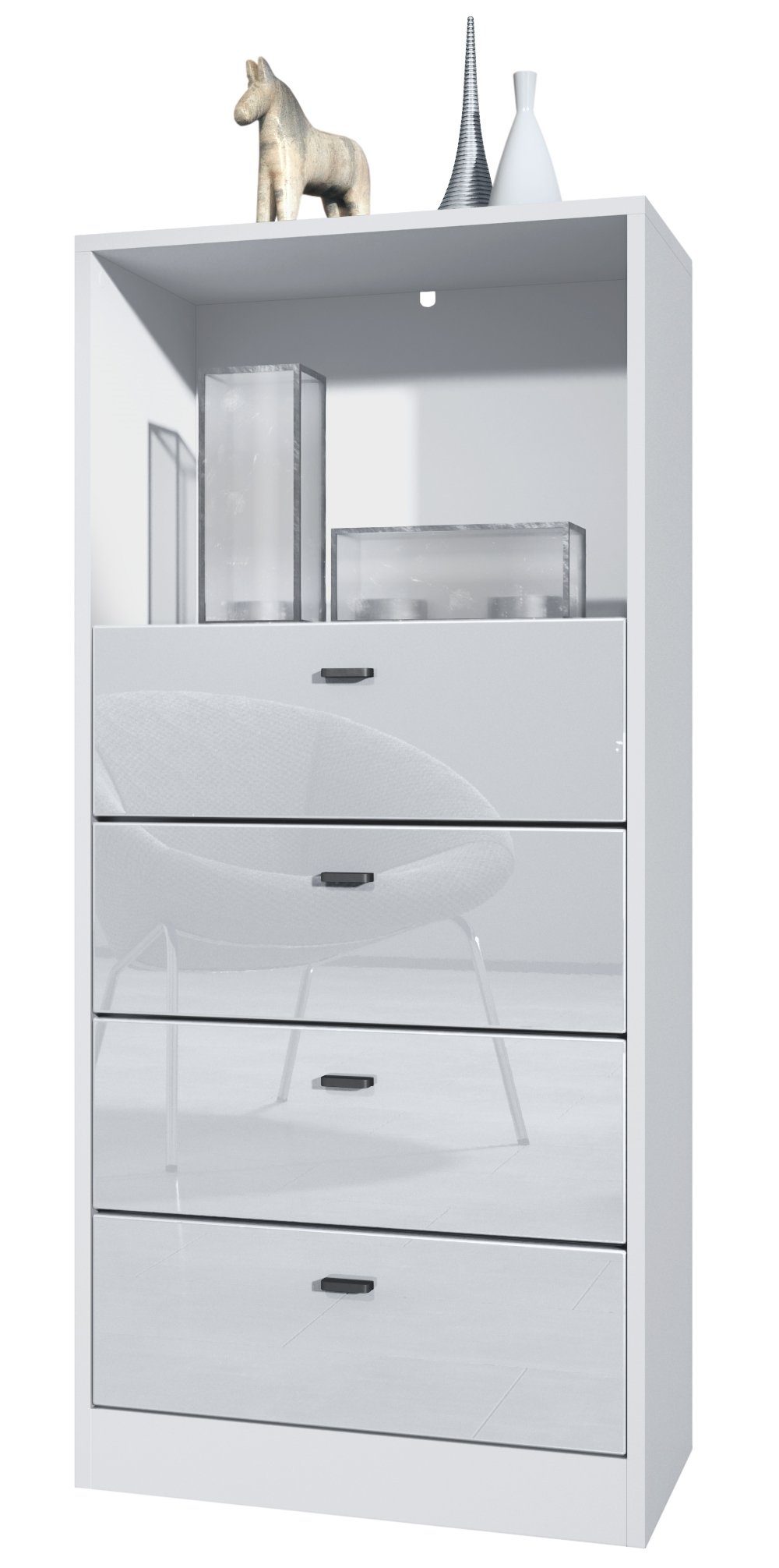 Vladon Kommode Pino V3 (Anrichte, mit 4 Schubladen & 1 offenem Fach), Weiß matt/Weiß Hochglanz (56 x 125 x 36 cm)