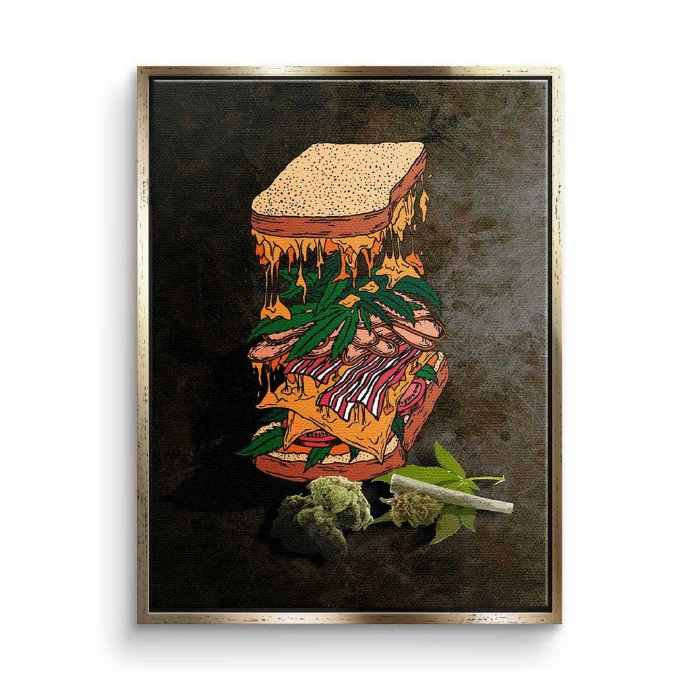 DOTCOMCANVAS® Leinwandbild, Premium Leinwandbild - Pop Art - Cannabis Sandwich - Mindset - Motiva goldener Rahmen