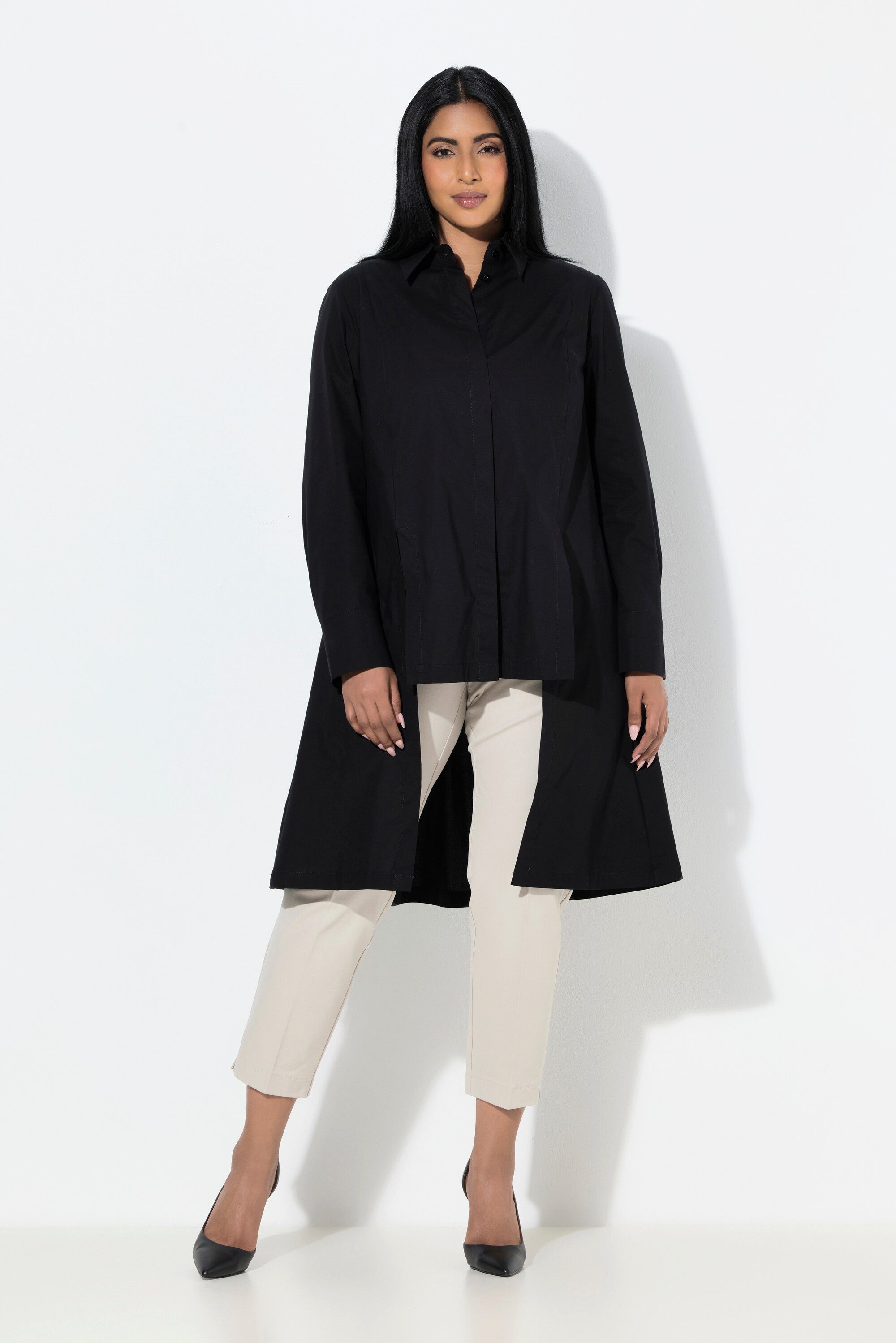 Ulla Popken Longbluse Longbluse Zierschlitze A-Linie Hemdkragen Langarm