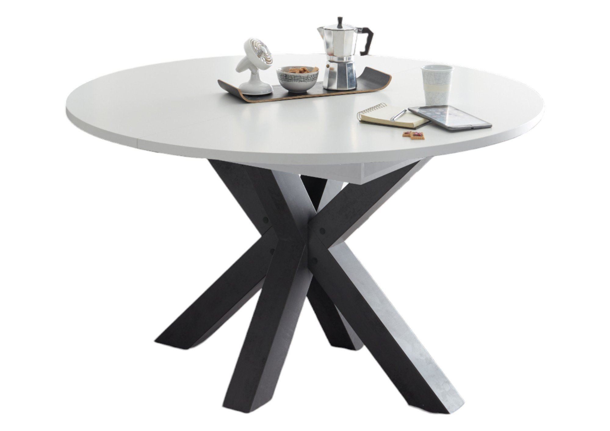 58 aufm Kessel Esstisch Rund ausziehbar Edda 8 Ø 110 cm Küchentisch Graphit/Weiß Matt Lack (inkl. Lieferung, Esszimmertisch), Esszimmertisch erweiterbar auf 150 cm 4-Fuß Gestell in Sternfom