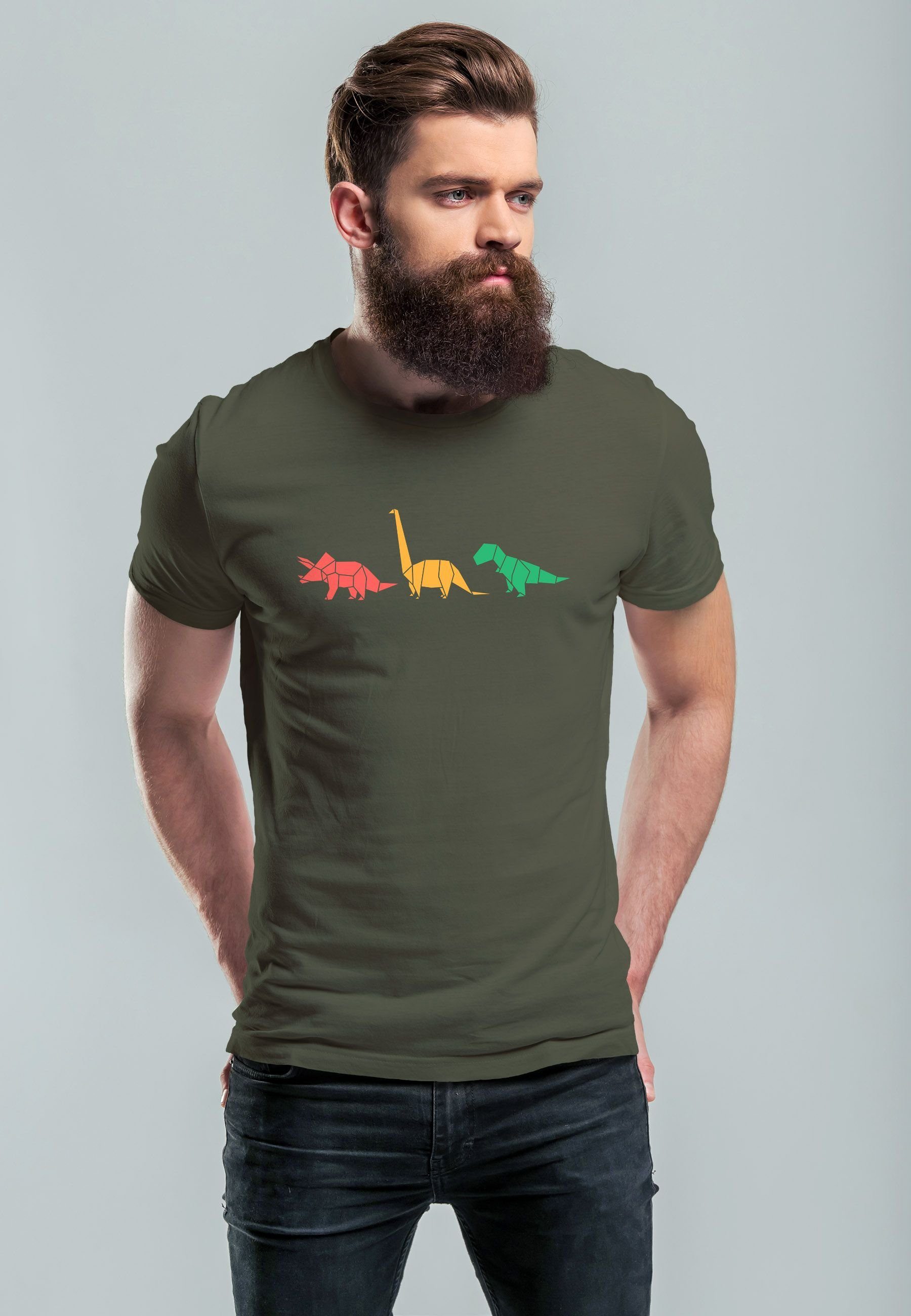 Print mit Fash Geometric Polygon T-Shirt Tiere Neverless Print-Shirt army Aufdruck Print Herren Dinosaurier