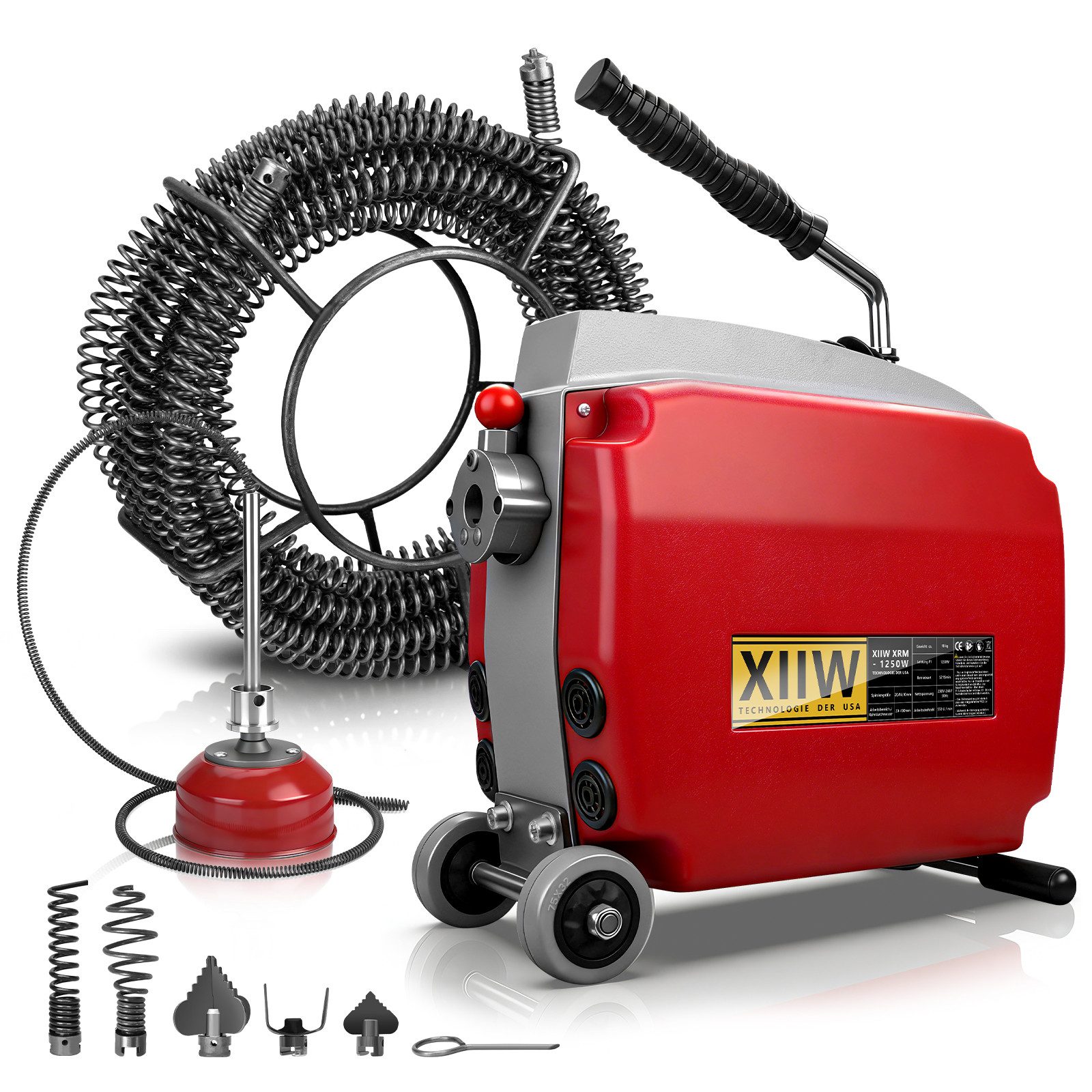 XERSEK Rohrreinigungsmaschine 1250W Rohrreinigungsspirale mit Rollen Abflussreiniger Rohrreiniger, 550 U/min, (17.5m x Ø22mm + 14m x Ø22mm Manganstahl Spirale, 5 Typen Schneidköpfe), Ergonomisches Design - Rohrreinigung/-entstopfung von Rohren Ø20–200mm