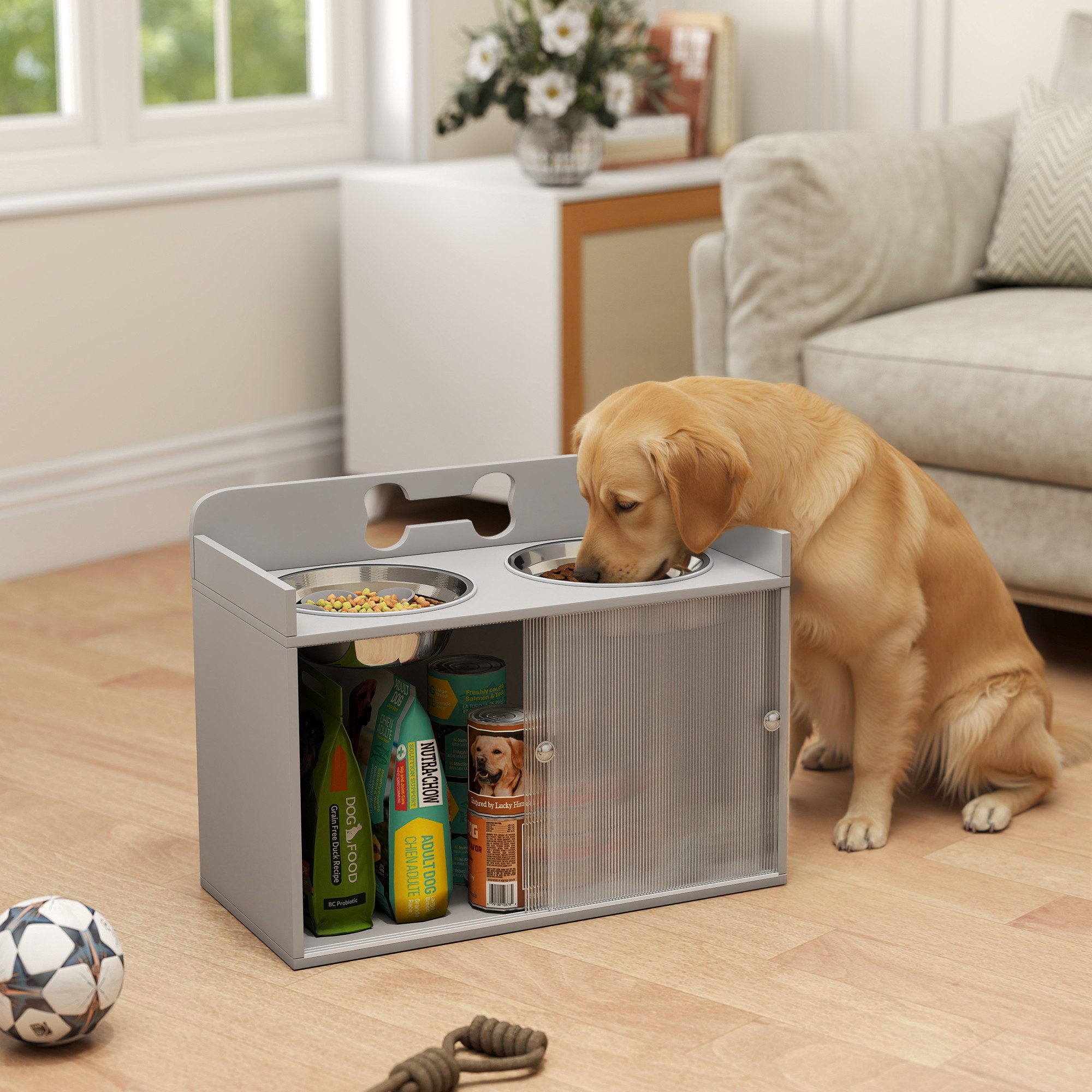 PawHut Кормnapf Erhöhte Кормstation mit Aufbewahrungsschrank, 2 Schüsseln, Edelstahl, für große Hunde, Grau