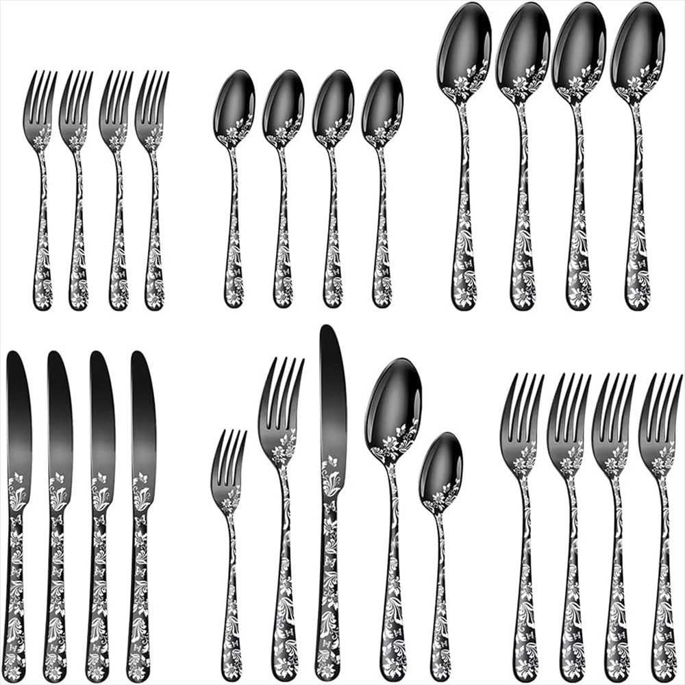 KingLux Besteck-Set 30Stk.Schwarz Besteck-Set für 6 Personen Lasergravur mit Blumenmuster (30-tlg), Edelstahl
