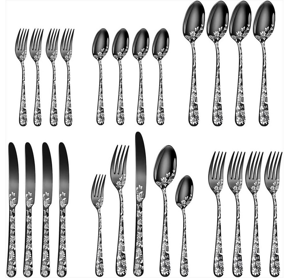 KingLux Besteck-Set 30Stk.Schwarz Besteck-Set für 6 Personen Lasergravur mit Blumenmuster (30-tlg), Edelstahl