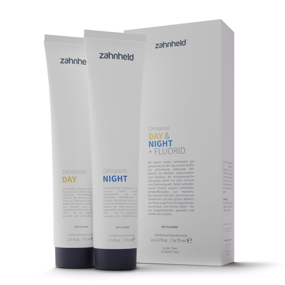Zahnheld Zahnpasta Day & Night Zahncreme Set mit Flourid - für eine tadellose Зубные щетки, (Minzgeschmack, 6-facher Wirkstoffkomplex, 2 x 75ml Tube) Hyaluron, Flourid, Zellulose, Hydroxylapatit, Calcium & Zink-PCA