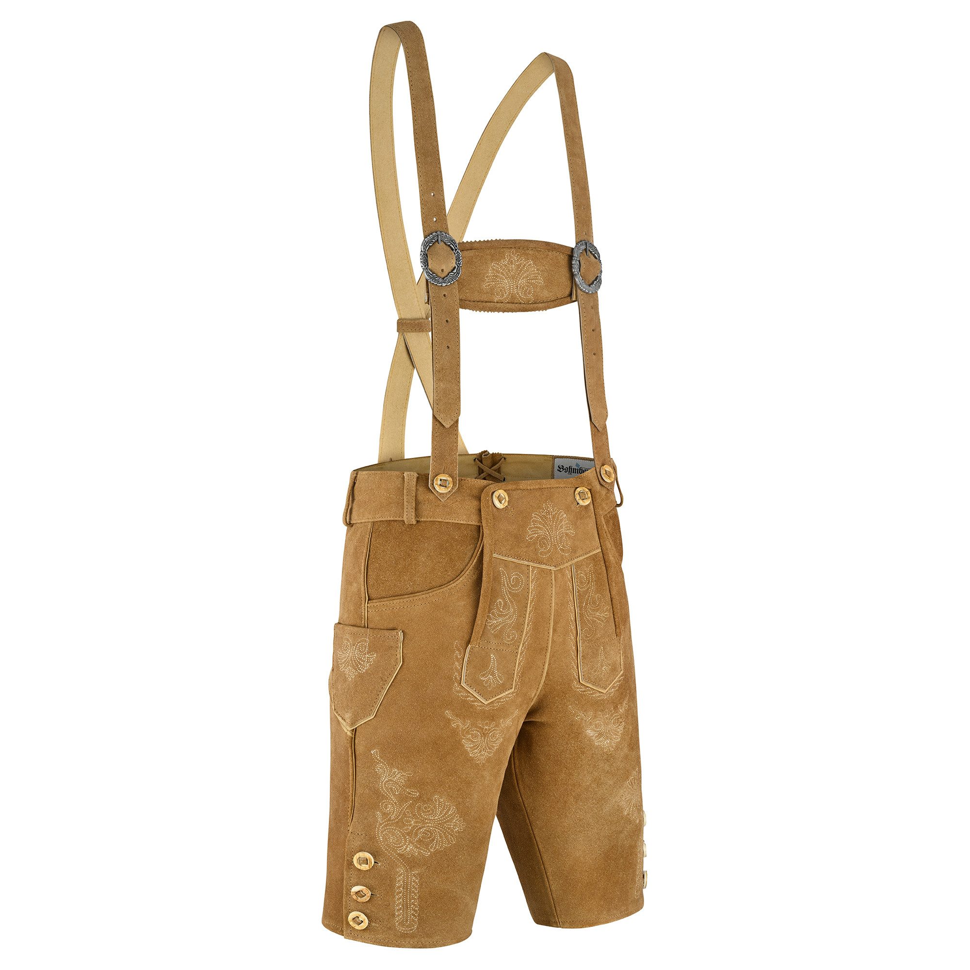 BOHMBERG Trachtenlederhose Damen Lederhose knielang Echtleder mit Hosenträgern Hellbraun