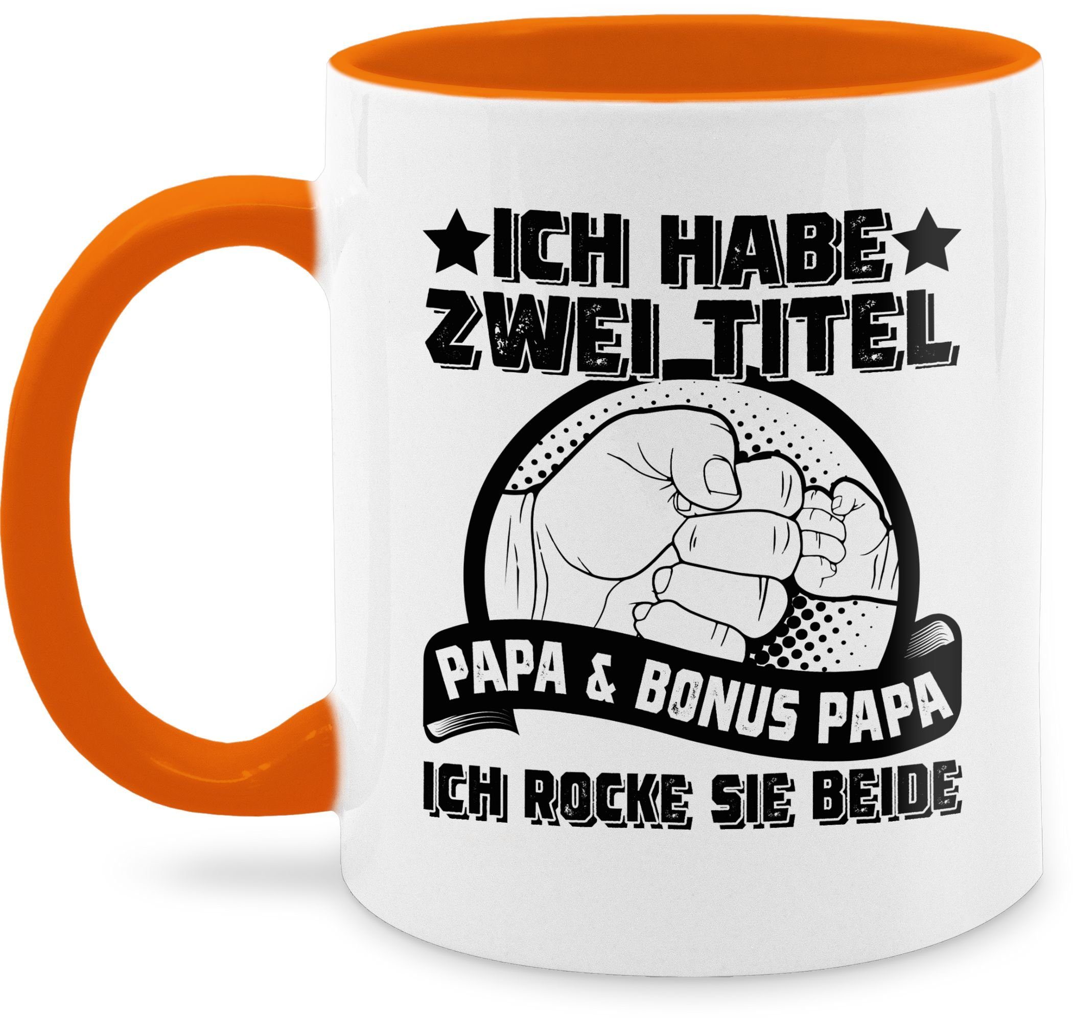 Shirtracer Tasse Ich habe zwei Titel - Papa und Bonus Papa - ich rocke sie beide, Keramik, Geschenk Vatertag Kaffeetasse