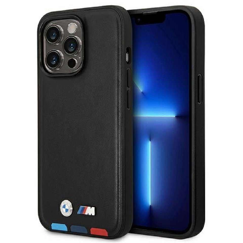 BMW Handyhülle Case Leder Tricolor schwarz Magsafe kompatibel iPhone 14 Pro 6,1 Zoll, Kantenschutz