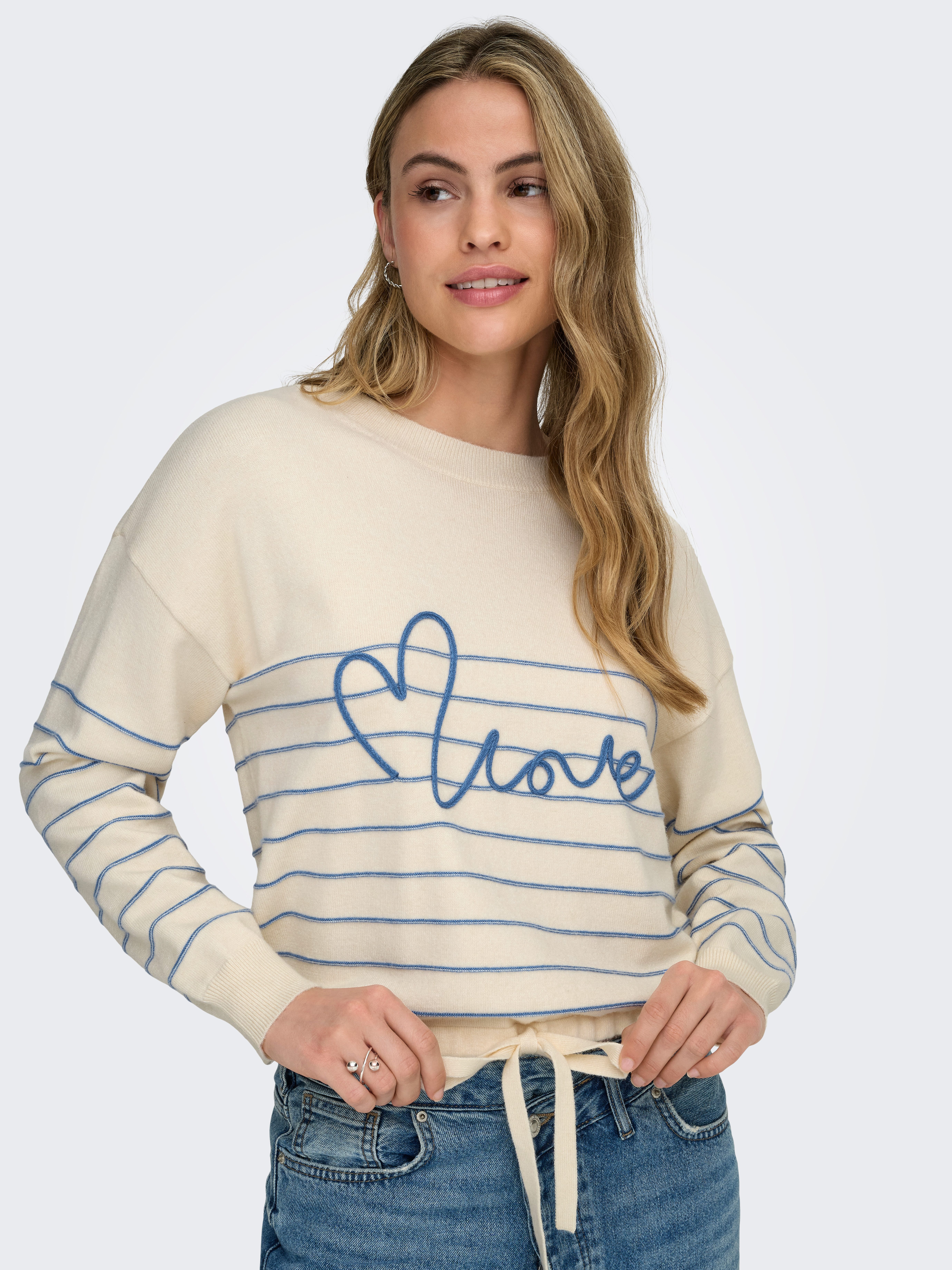 ONLY Rundhalspullover ONLSIGNE LIFE LS TEXT DETAI ONECK CC KNT mit Bindeban günstig online kaufen